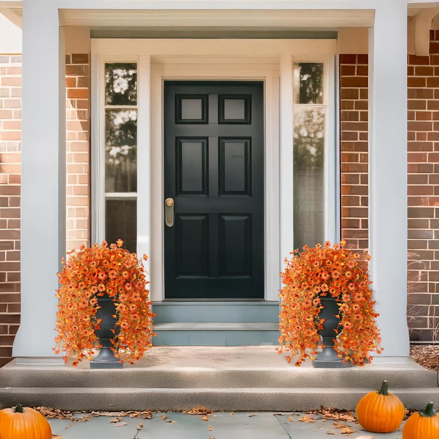 imageHomsunny Artificial Fall Flowers for Outdoors Fake Flowers UV Resistant 2PCS Fall Mums Flowers for Home Patio Balcony Yard Porch Orange and Sunset RedOrangesunset Red