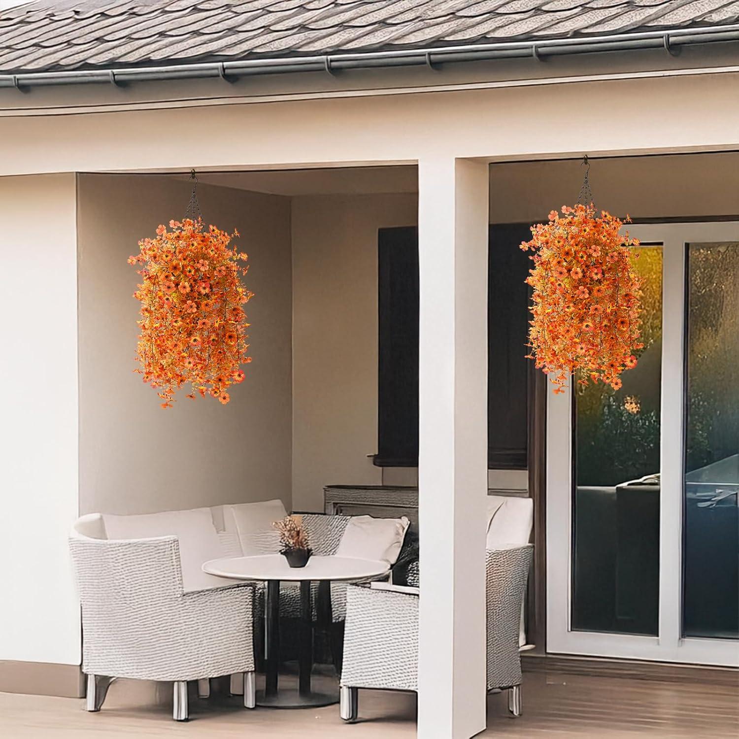 imageHomsunny Artificial Fall Flowers for Outdoors Fake Flowers UV Resistant 2PCS Fall Mums Flowers for Home Patio Balcony Yard Porch Orange and Sunset RedOrangesunset Red