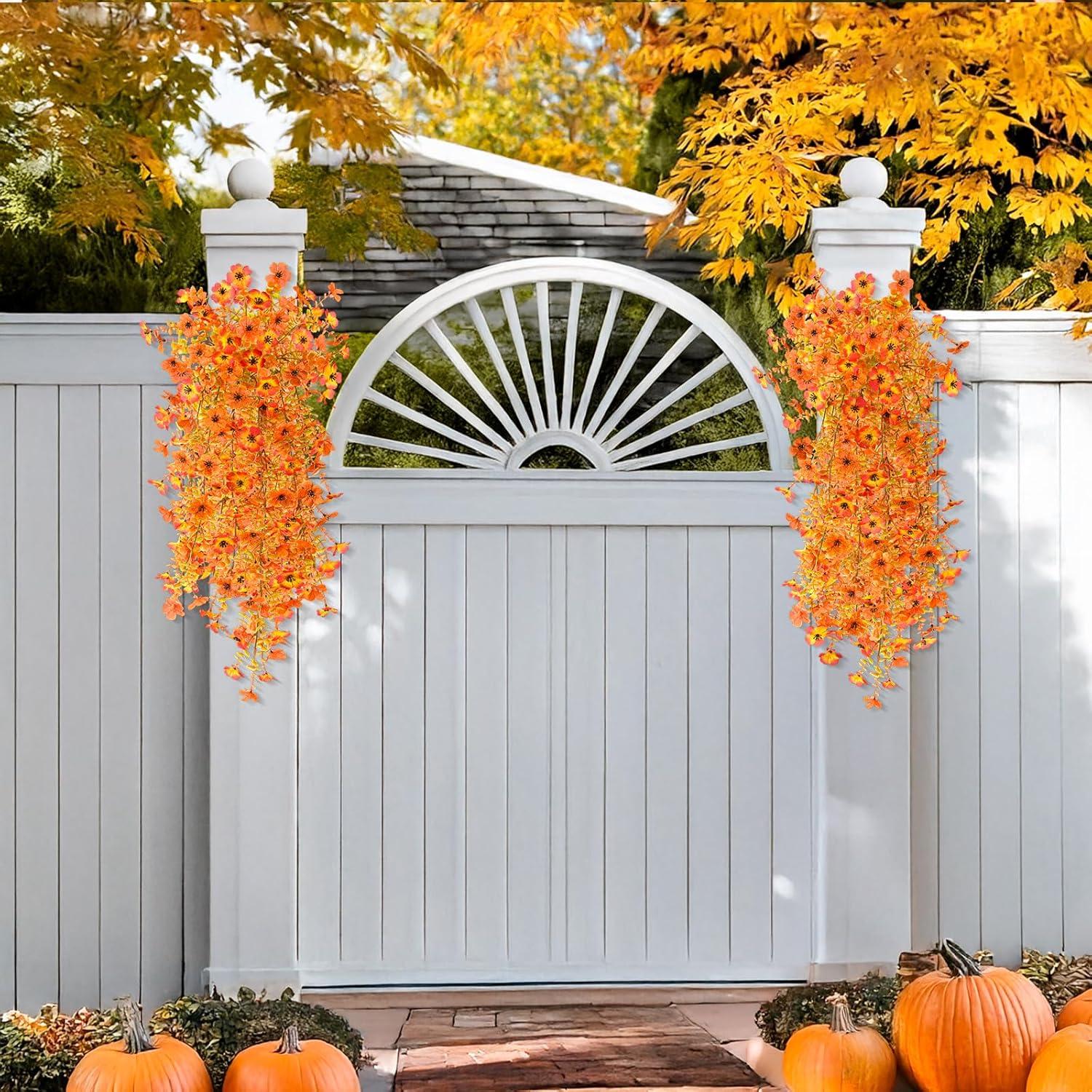 imageHomsunny Artificial Fall Flowers for Outdoors Fake Flowers UV Resistant 2PCS Fall Mums Flowers for Home Patio Balcony Yard Porch Orange and Sunset RedOrangesunset Red