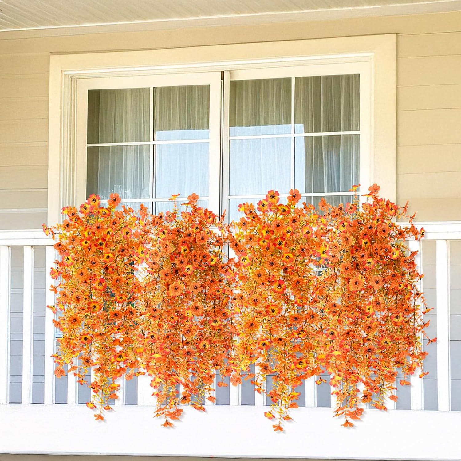 imageHomsunny Artificial Fall Flowers for Outdoors Fake Flowers UV Resistant 2PCS Fall Mums Flowers for Home Patio Balcony Yard Porch Orange and Sunset RedOrangesunset Red