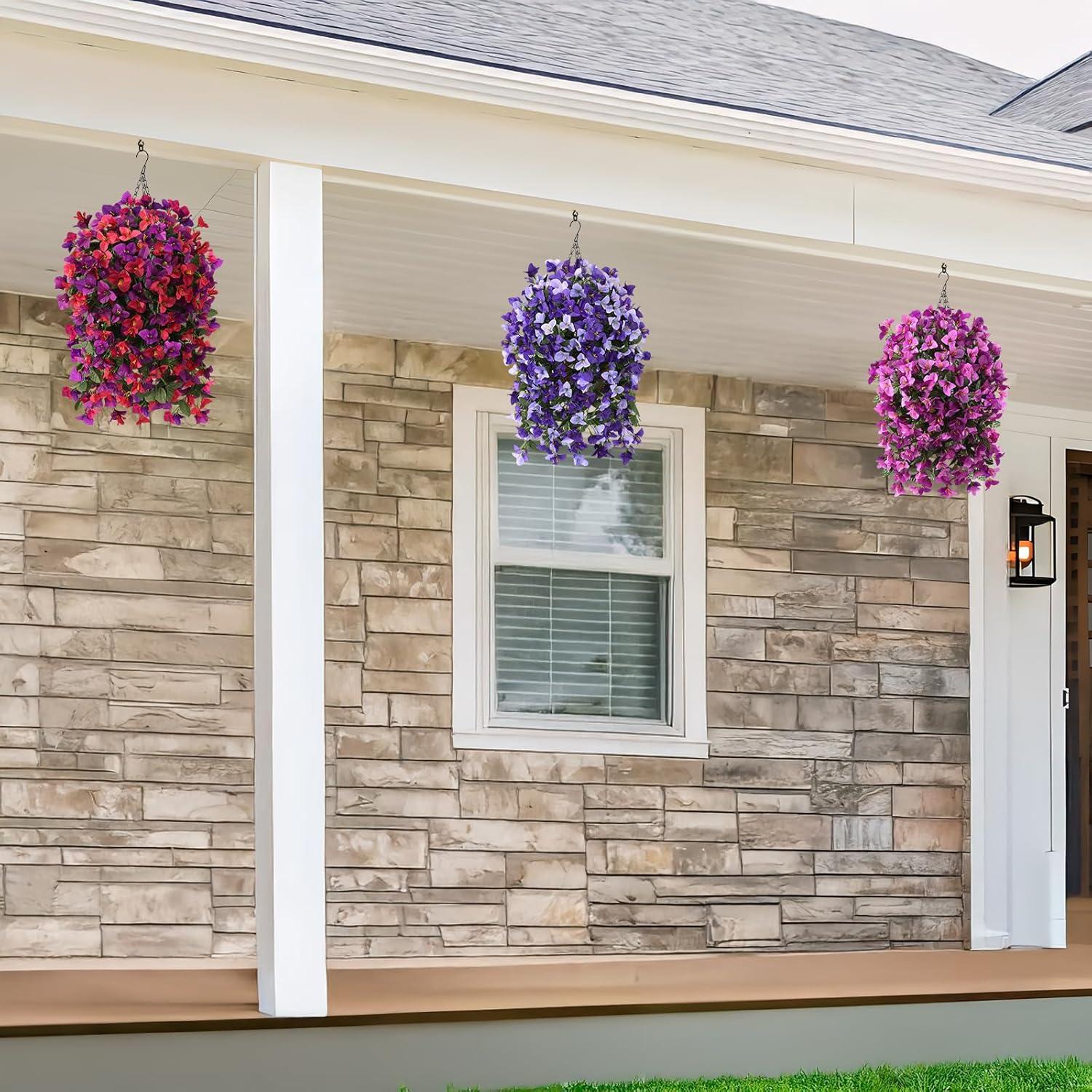 imageHomsunny Artificial Faux Flowers Hanging Basket for Outdoor Spring Decor Fake Hanging Flower in Planter Silk Bougainvillea UV Resistant for Outside Front Porch Patio Garden BalconyDeep Purplelight Purple