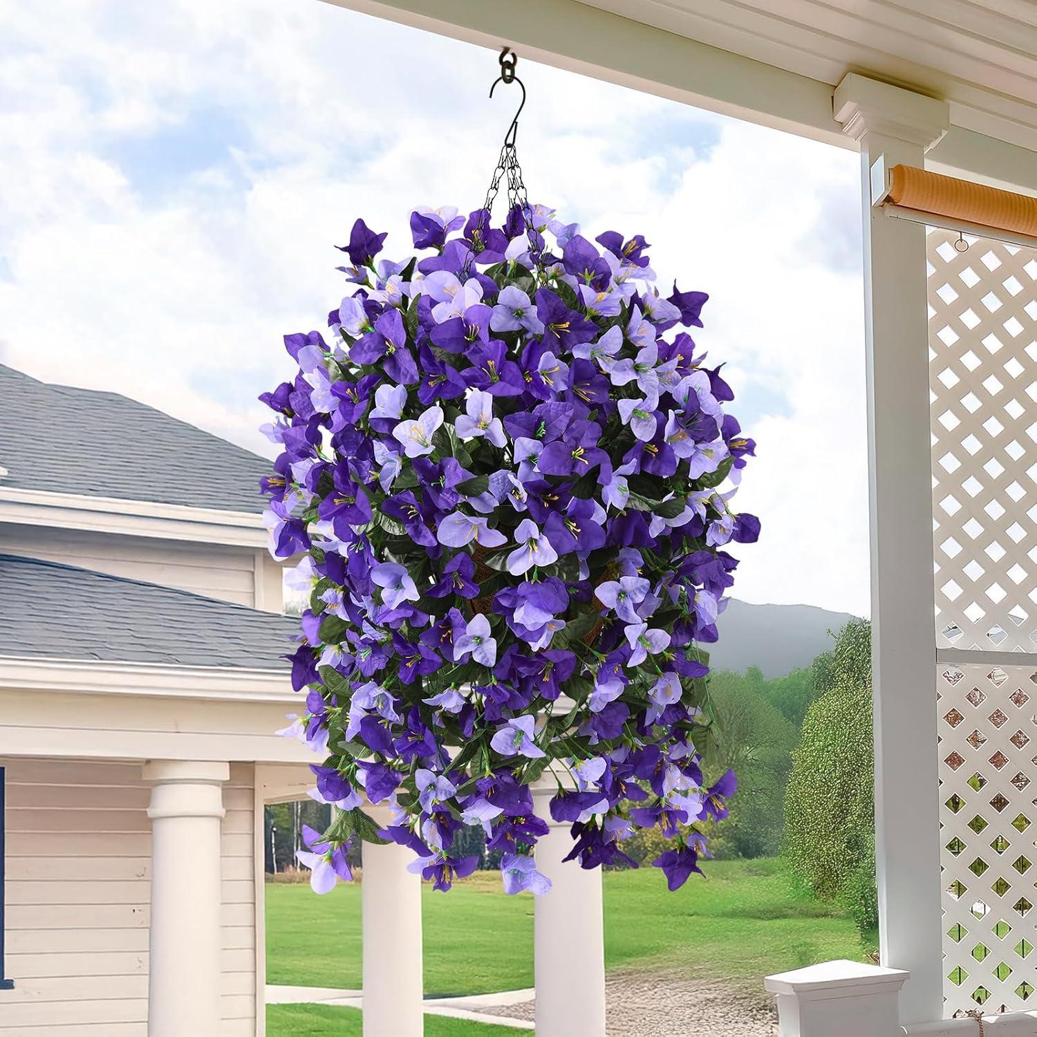 imageHomsunny Artificial Faux Flowers Hanging Basket for Outdoor Spring Decor Fake Hanging Flower in Planter Silk Bougainvillea UV Resistant for Outside Front Porch Patio Garden BalconyDeep Purplelight Purple