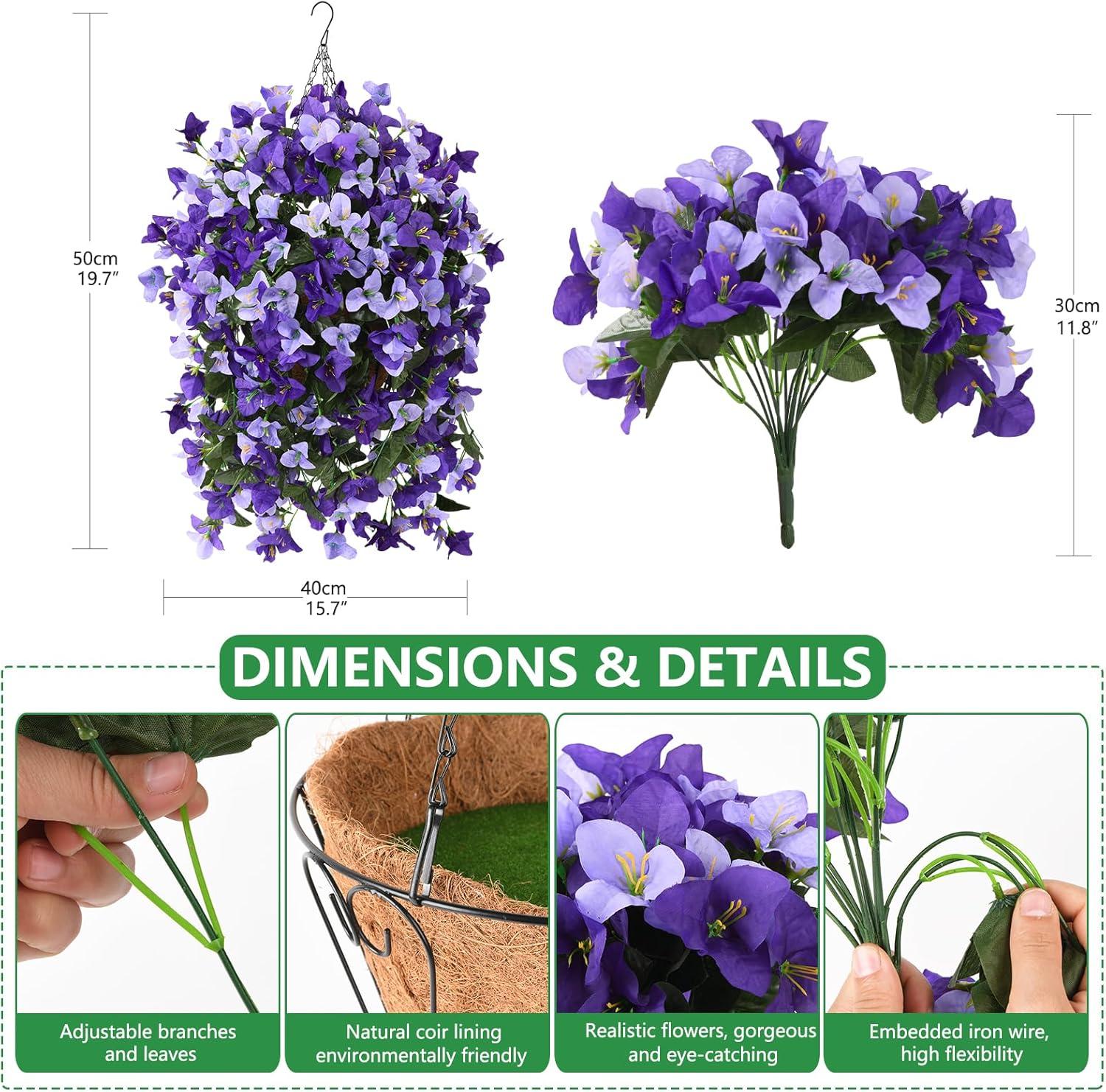 imageHomsunny Artificial Faux Flowers Hanging Basket for Outdoor Spring Decor Fake Hanging Flower in Planter Silk Bougainvillea UV Resistant for Outside Front Porch Patio Garden BalconyDeep Purplelight Purple