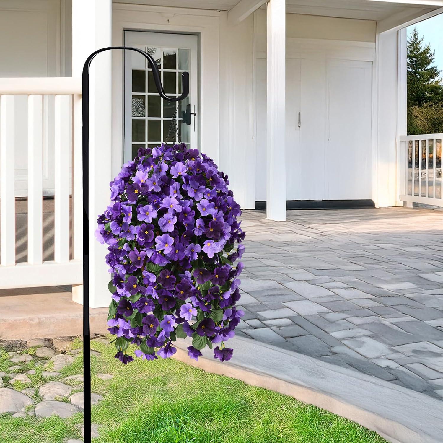 imageHomsunny Artificial Faux Flowers Plants Hanging Basket for Outdoors Spring Decor Fake Hanging Flower UV Resisitant Silk Begonia in Planter for Outside Porch Patio BalconyDeep Purplelight Purple