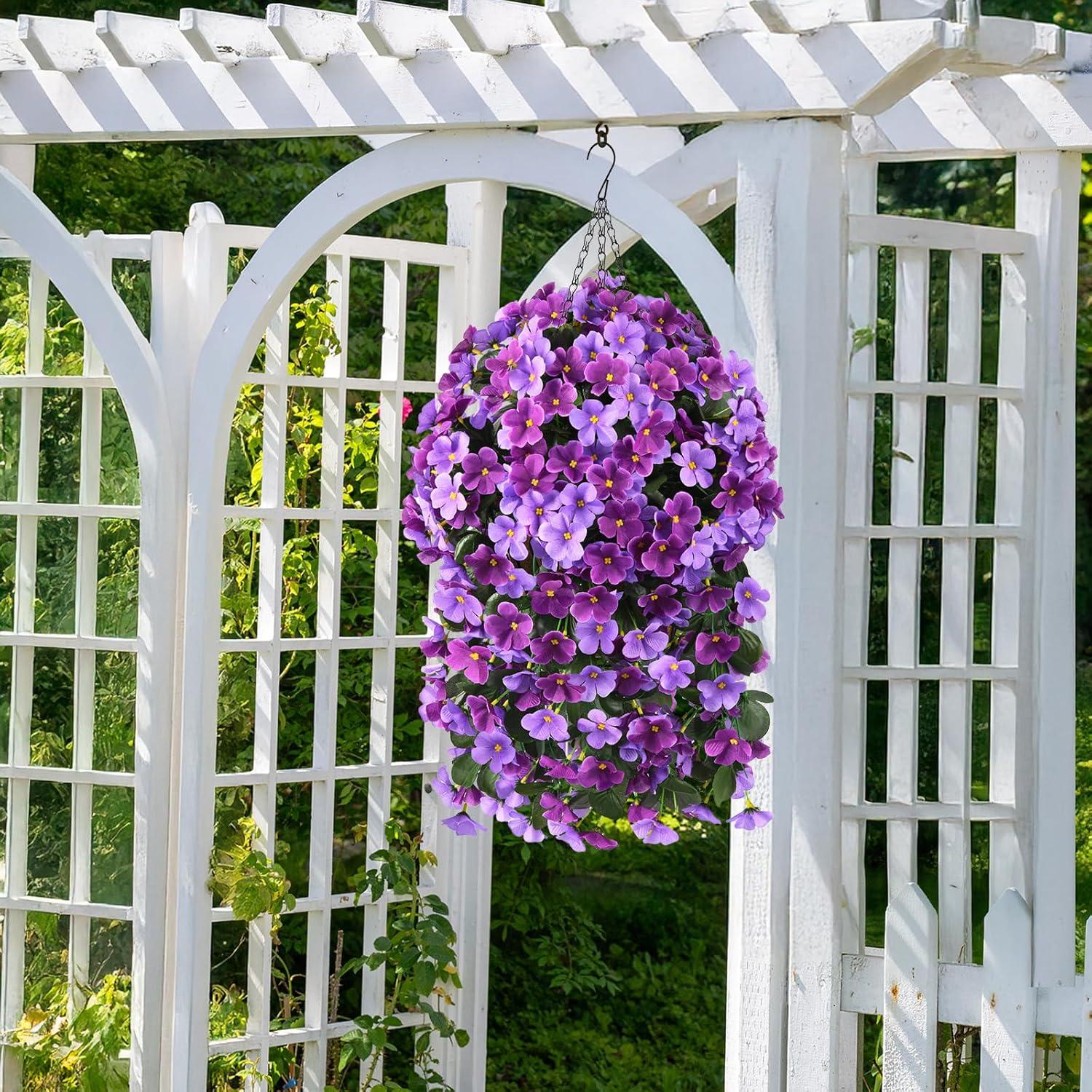 imageHomsunny Artificial Faux Flowers Plants Hanging Basket for Outdoors Spring Decor Fake Hanging Flower UV Resisitant Silk Begonia in Planter for Outside Porch Patio BalconyLight Purpledeep Fuchsia