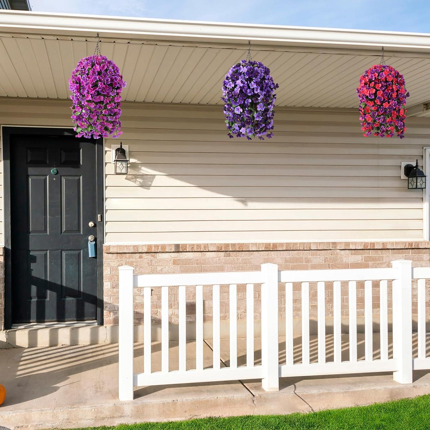 imageHomsunny Artificial Faux Flowers Plants Hanging Basket for Outdoors Spring Decor Fake Hanging Flower UV Resisitant Silk Begonia in Planter for Outside Porch Patio BalconyDeep Purplelight Purple