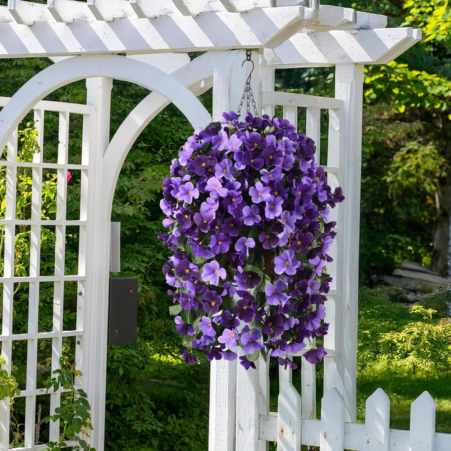 imageHomsunny Artificial Faux Flowers Plants Hanging Basket for Outdoors Spring Decor Fake Hanging Flower UV Resisitant Silk Begonia in Planter for Outside Porch Patio BalconyDeep Purplelight Purple