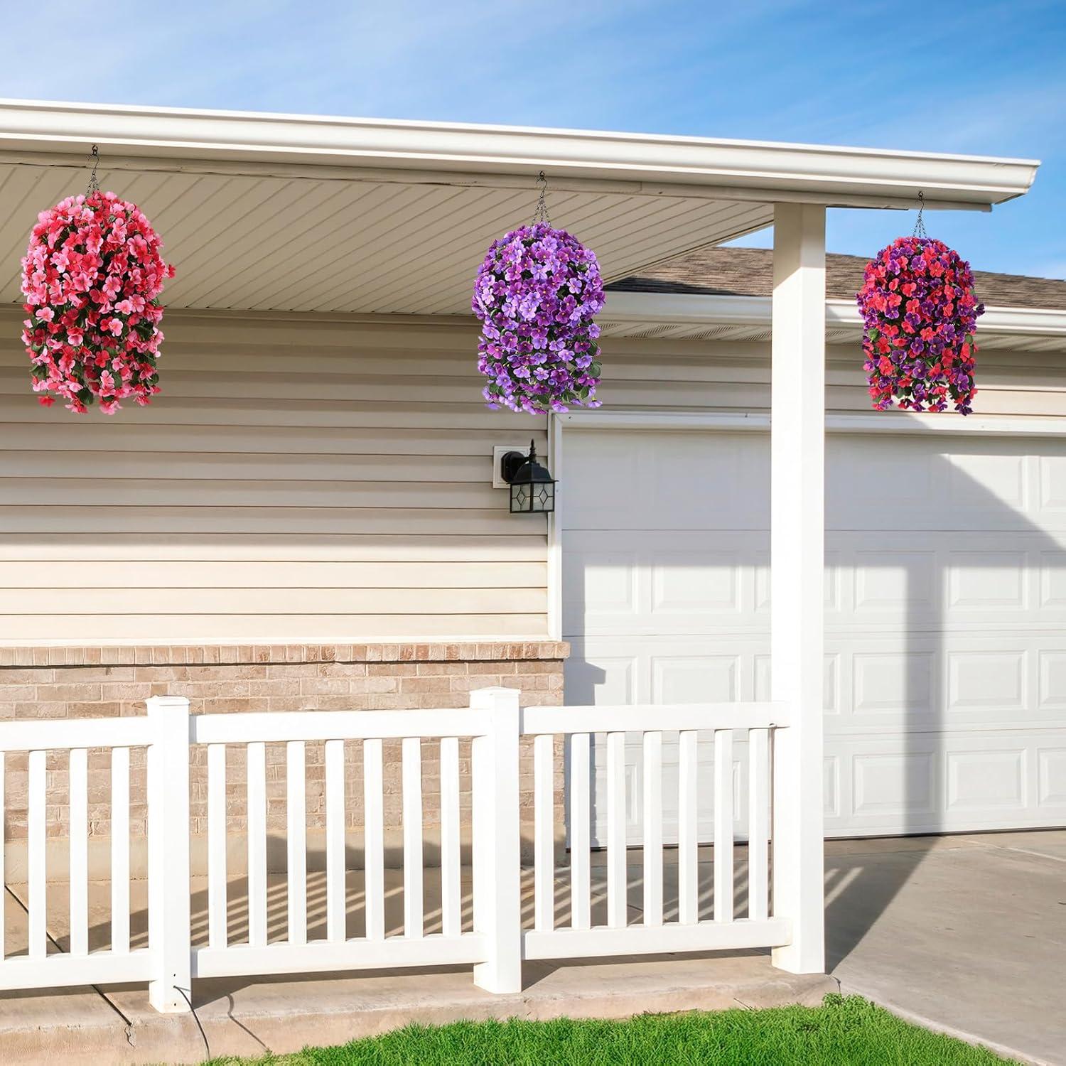 imageHomsunny Artificial Faux Flowers Plants Hanging Basket for Outdoors Spring Decor Fake Hanging Flower UV Resisitant Silk Begonia in Planter for Outside Porch Patio BalconyLight Purpledeep Fuchsia