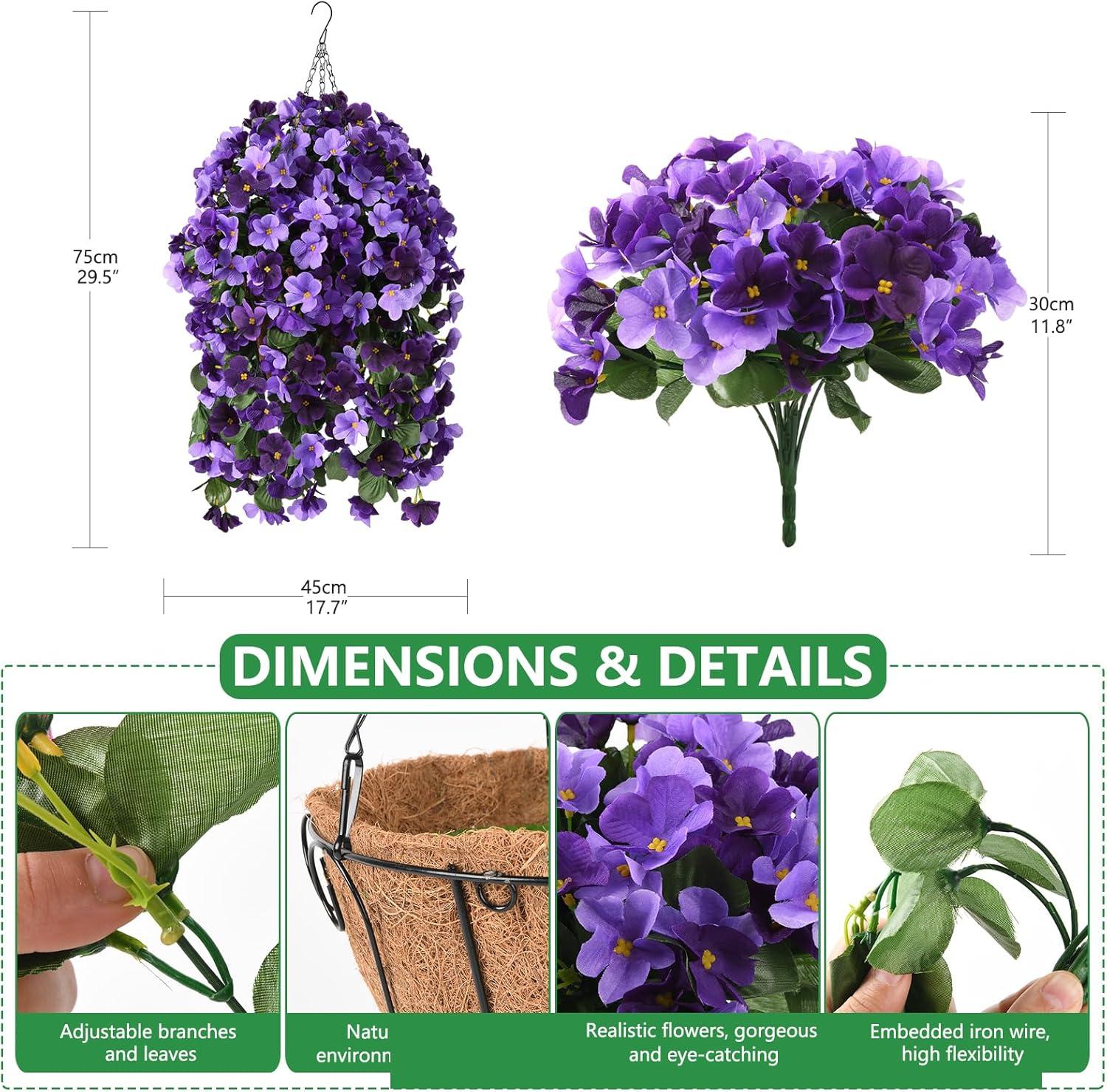 imageHomsunny Artificial Faux Flowers Plants Hanging Basket for Outdoors Spring Decor Fake Hanging Flower UV Resisitant Silk Begonia in Planter for Outside Porch Patio BalconyDeep Purplelight Purple