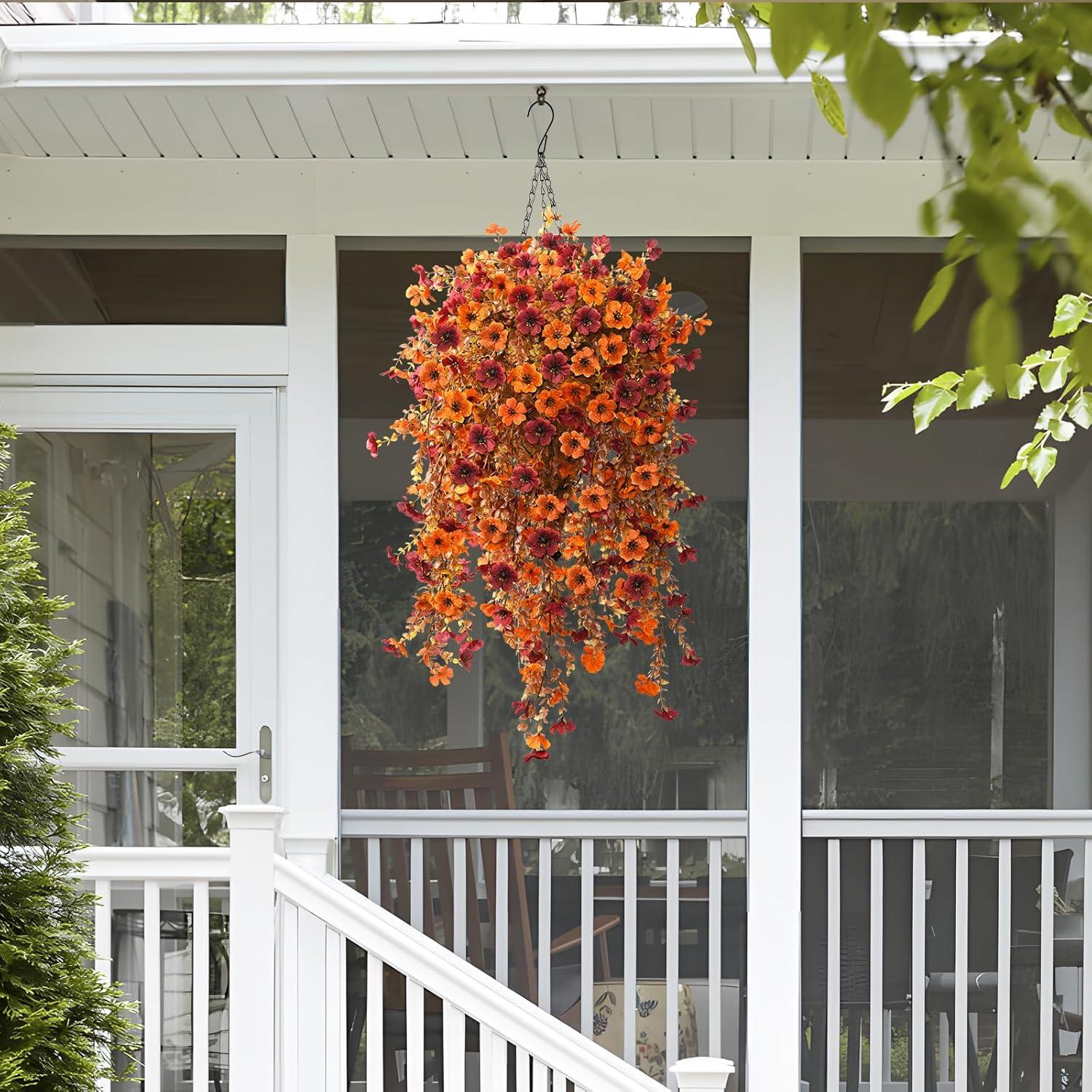 imageHomsunny Artificial Flowers Hanging Basket for Outdoor Spring Decor Fake Hanging Plants Faux Mums UV Resistant Silk Daisy for Outside Front Porch Patio Balcony Garden BackyardOrange Brown