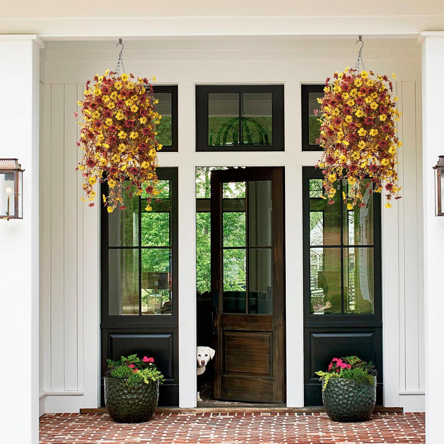 imageHomsunny Artificial Flowers Hanging Basket for Outdoor Spring Decor Fake Hanging Plants Faux Mums UV Resistant Silk Daisy for Outside Front Porch Patio Balcony Garden BackyardYellow Brown