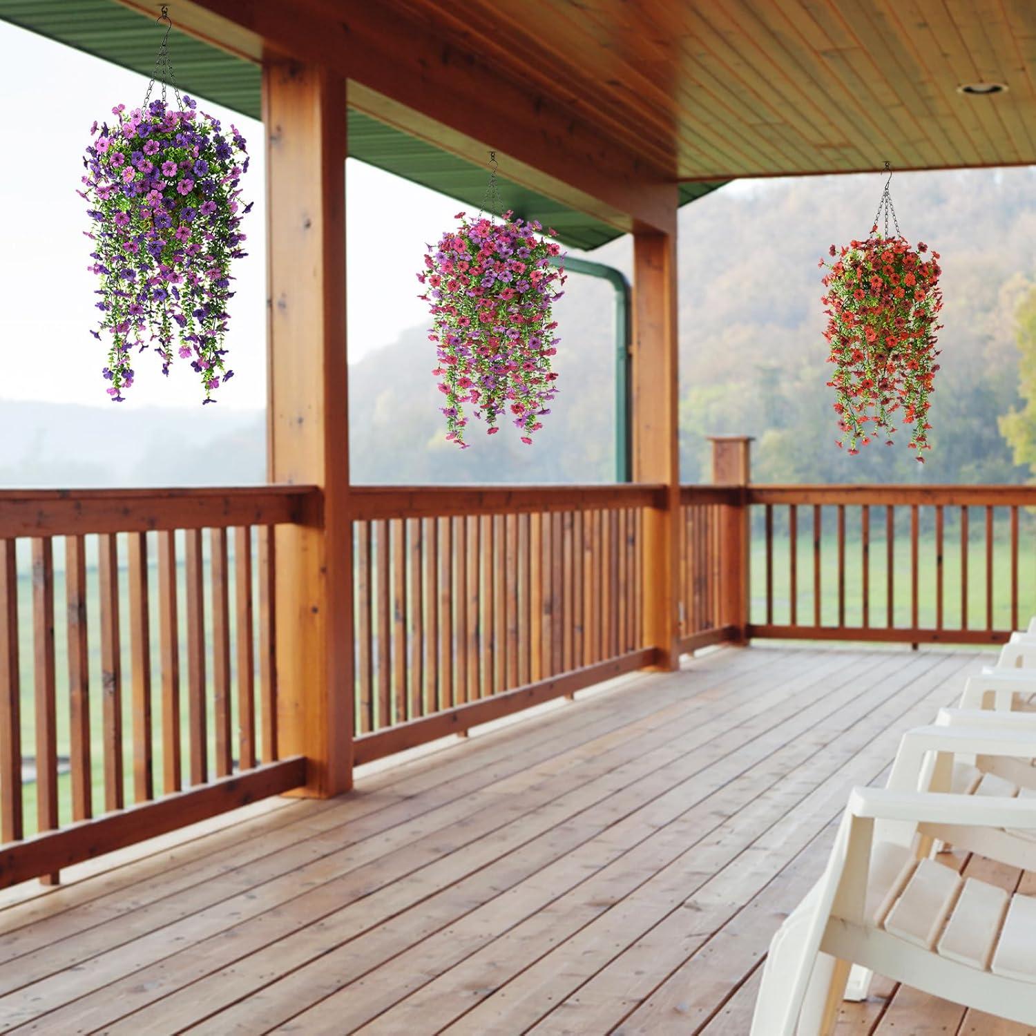 imageHomsunny Artificial Flowers Hanging Basket for Outdoor Spring Decor Fake Hanging Plants Faux Mums UV Resistant Silk Daisy for Outside Front Porch Patio Balcony Garden BackyardPurplefuchsia