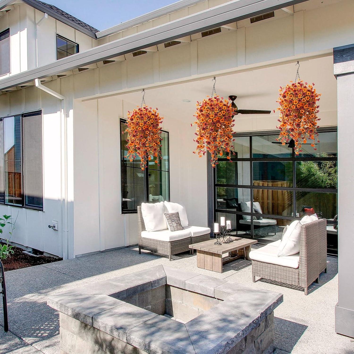 imageHomsunny Artificial Flowers Hanging Basket for Outdoor Spring Decor Fake Hanging Plants Faux Mums UV Resistant Silk Daisy for Outside Front Porch Patio Balcony Garden BackyardOrange Brown