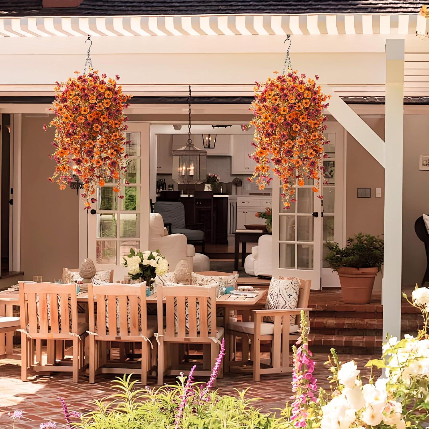 imageHomsunny Artificial Flowers Hanging Basket for Outdoor Spring Decor Fake Hanging Plants Faux Mums UV Resistant Silk Daisy for Outside Front Porch Patio Balcony Garden BackyardOrange Brown