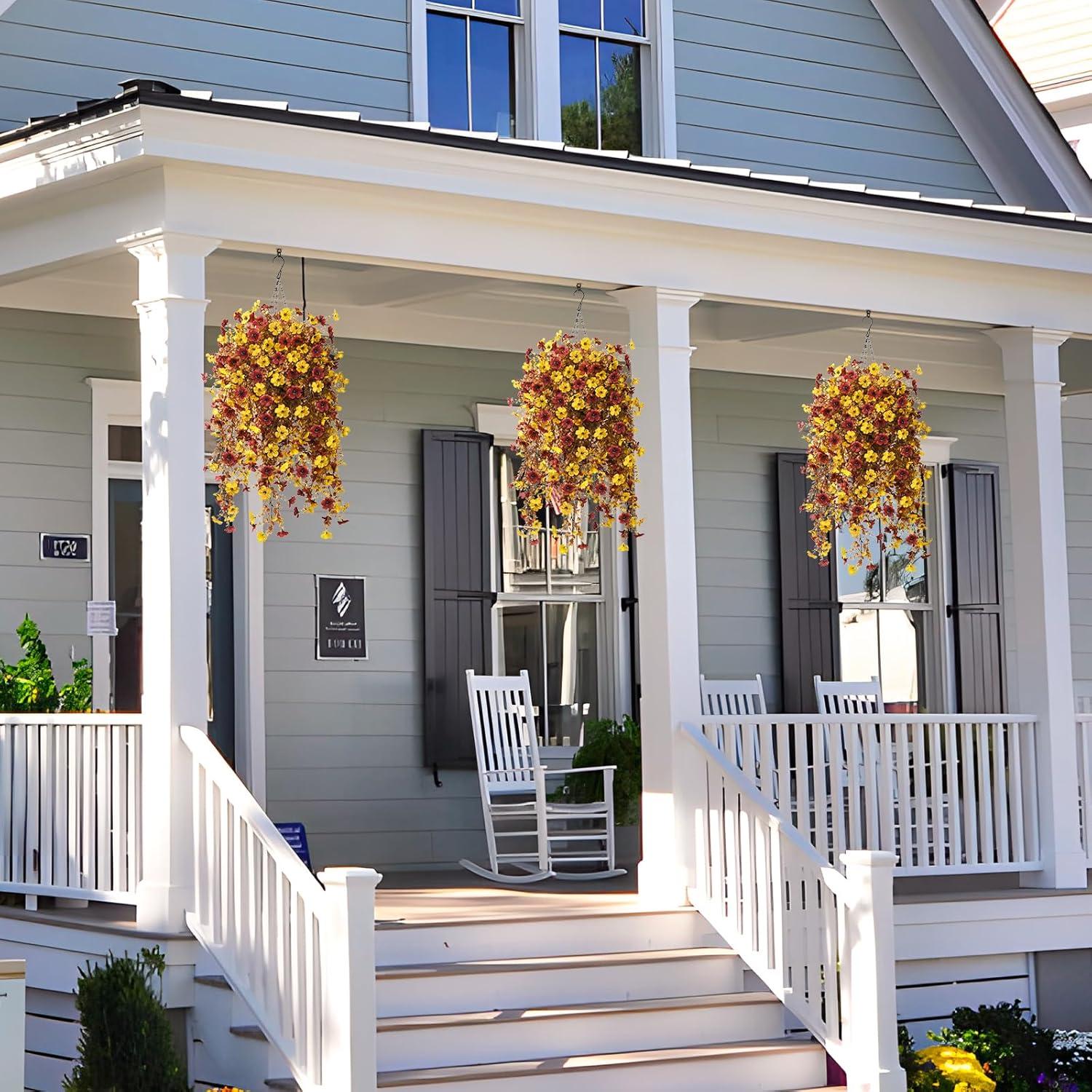 imageHomsunny Artificial Flowers Hanging Basket for Outdoor Spring Decor Fake Hanging Plants Faux Mums UV Resistant Silk Daisy for Outside Front Porch Patio Balcony Garden BackyardYellow Brown