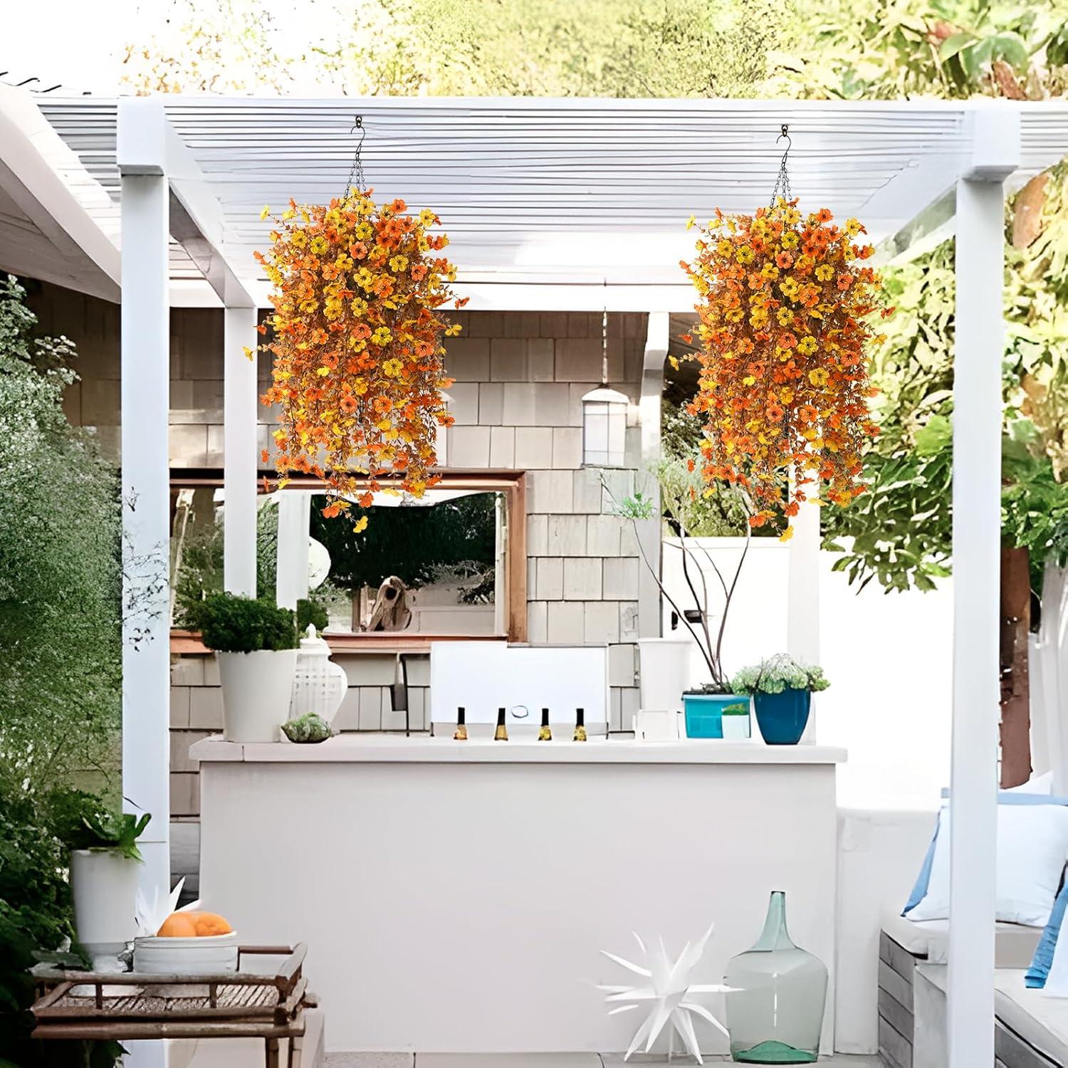 imageHomsunny Artificial Flowers Hanging Basket for Outdoor Spring Decor Fake Hanging Plants Faux Mums UV Resistant Silk Daisy for Outside Front Porch Patio Balcony Garden BackyardOrange Yellow