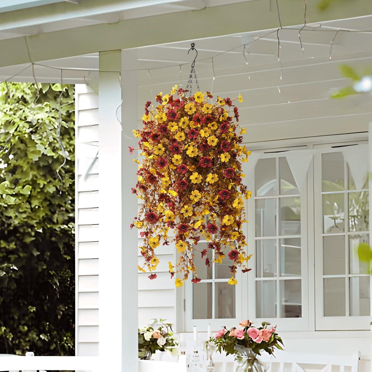 imageHomsunny Artificial Flowers Hanging Basket for Outdoor Spring Decor Fake Hanging Plants Faux Mums UV Resistant Silk Daisy for Outside Front Porch Patio Balcony Garden BackyardYellow Brown