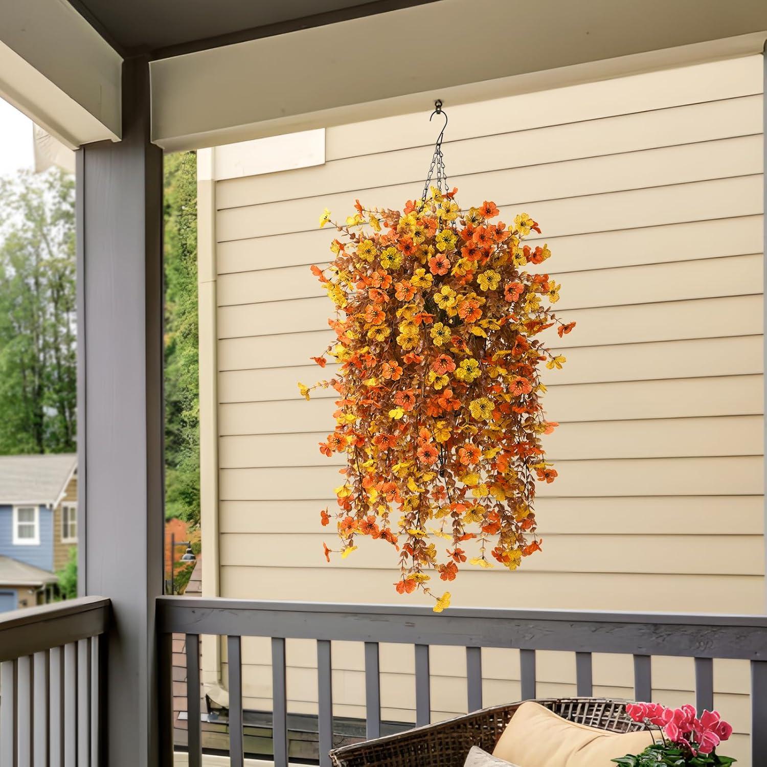 imageHomsunny Artificial Flowers Hanging Basket for Outdoor Spring Decor Fake Hanging Plants Faux Mums UV Resistant Silk Daisy for Outside Front Porch Patio Balcony Garden BackyardOrange Yellow