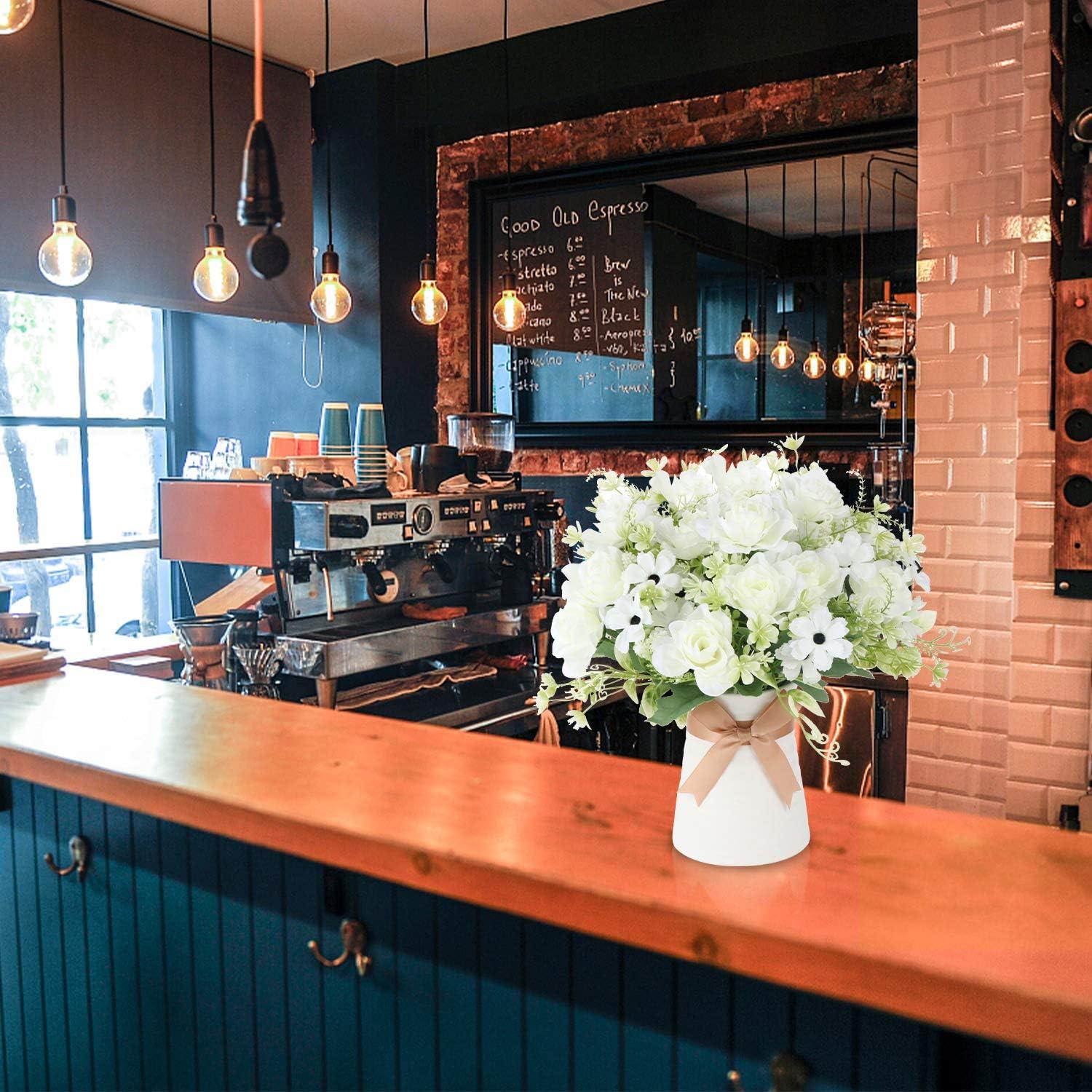 imageHomsunny Artificial Flowers in Vase Fake Gardenia Flowers with Ceramics Vase Silk Flower Arrangements for Homes Offices Dinning Roon Table Kitchen Desktop Decorate White