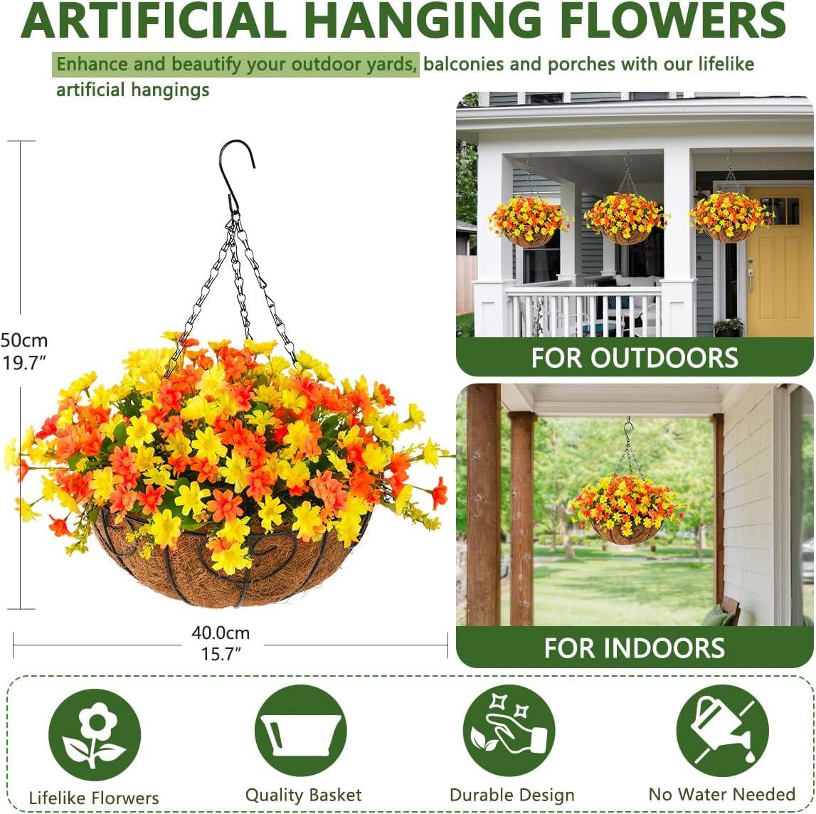 imageHomsunny Artificial Hanging Baskets Flowers Plants Outdoor Porch Spring DecorationFake Silk Flower Daisy Arrangement for Indoor Patio Lawn Garden Home Summer DecorOrangeOrange
