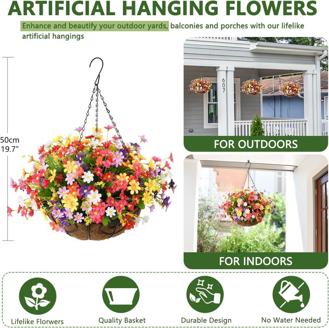 imageHomsunny Artificial Hanging Baskets Flowers Plants Outdoor Porch Spring DecorationFake Silk Flower Daisy Arrangement for Indoor Patio Lawn Garden Home Summer DecorOrangeMix