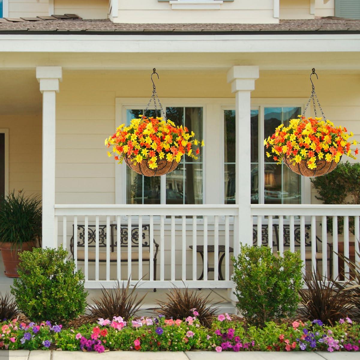 imageHomsunny Artificial Hanging Baskets Flowers Plants Outdoor Porch Spring DecorationFake Silk Flower Daisy Arrangement for Indoor Patio Lawn Garden Home Summer DecorOrangeOrange