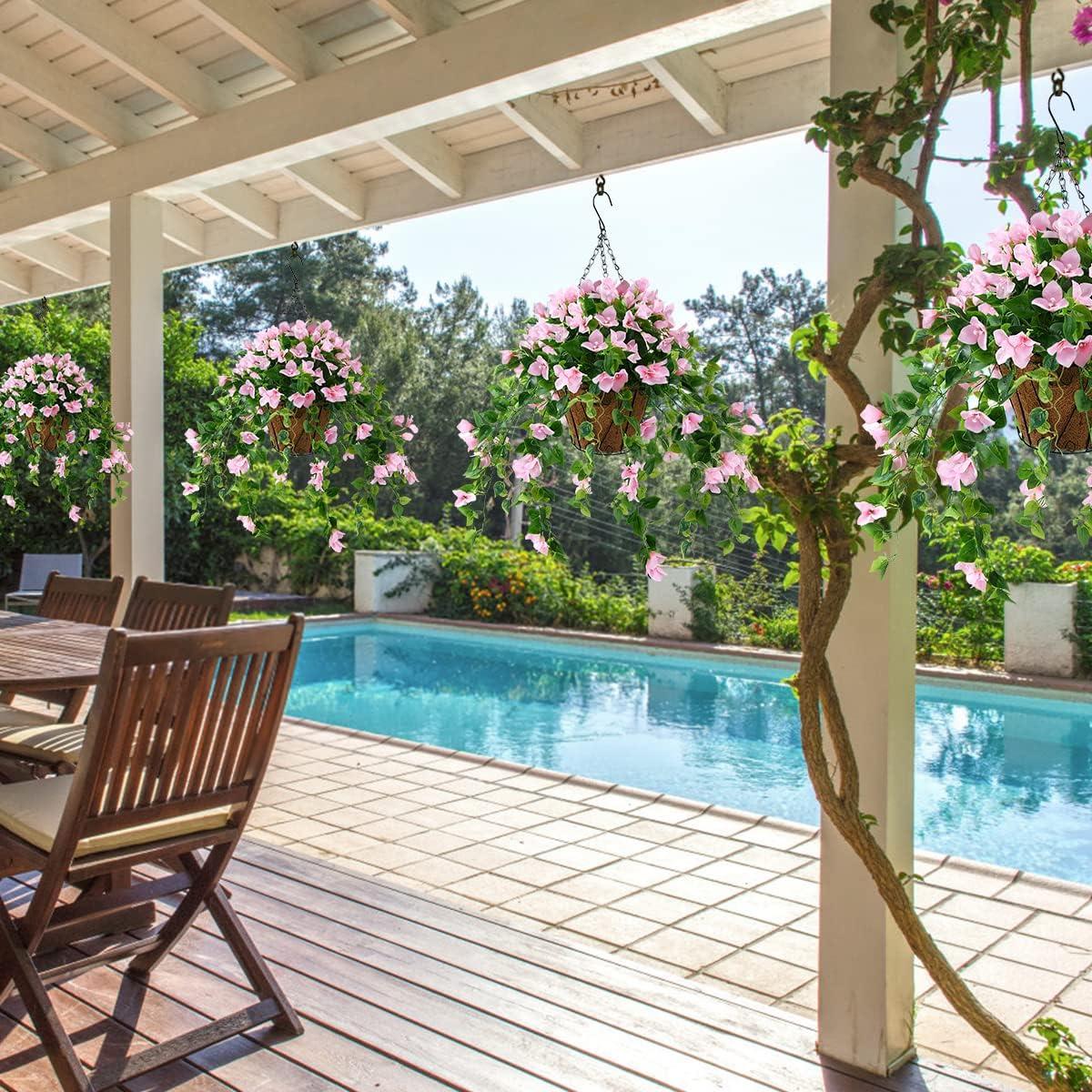 imageHomsunny Artificial Hanging Flowers Plants Basket for Outdoor Decoration4 PCS Faux Silk Bougainvillea Vine Flowers Look Real UV Resistant for Outside Porch Patio Yard Garden Decor PurplePink