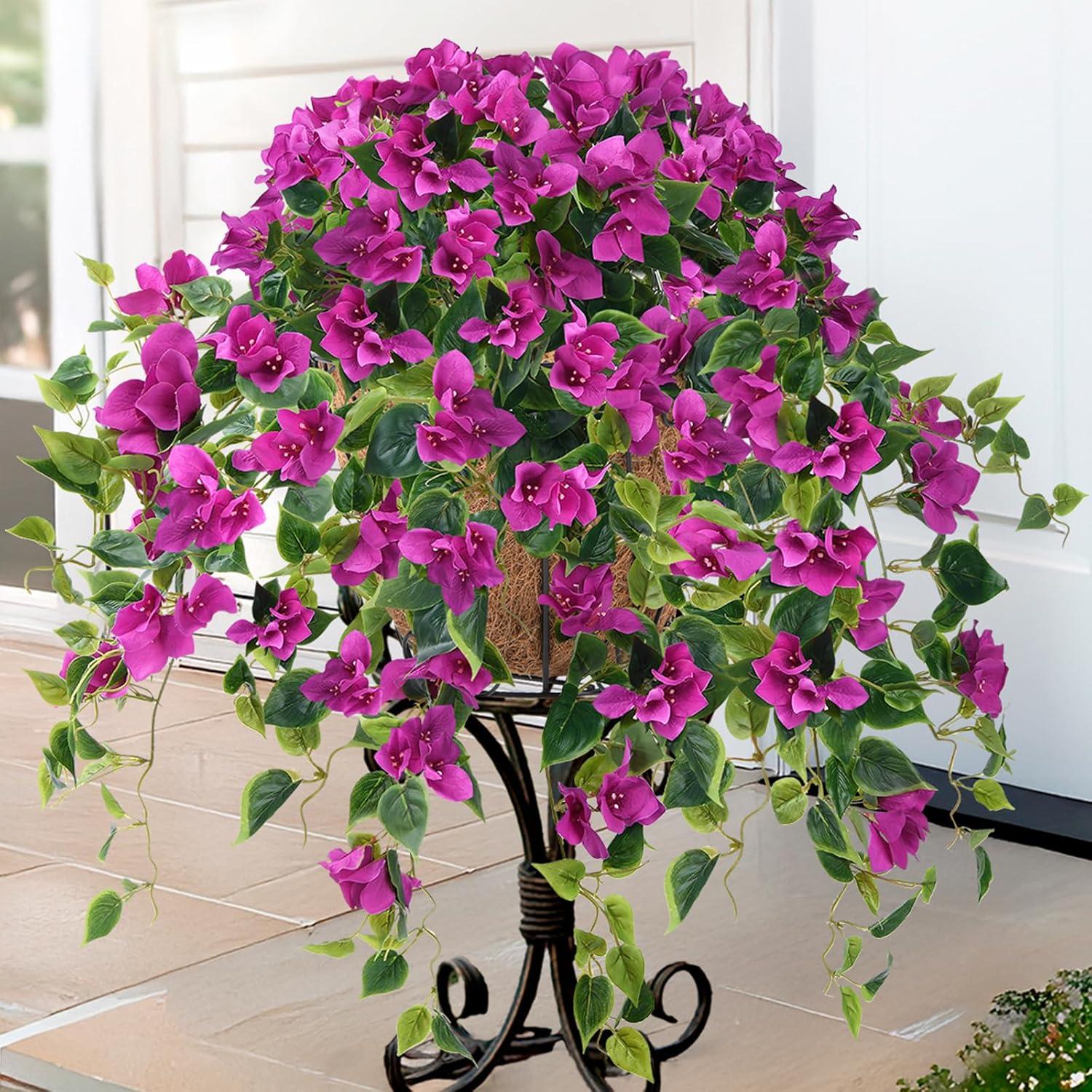 imageHomsunny Artificial Hanging Flowers Plants Basket for Outdoor Decoration4 PCS Faux Silk Bougainvillea Vine Flowers Look Real UV Resistant for Outside Porch Patio Yard Garden Decor PurplePurple