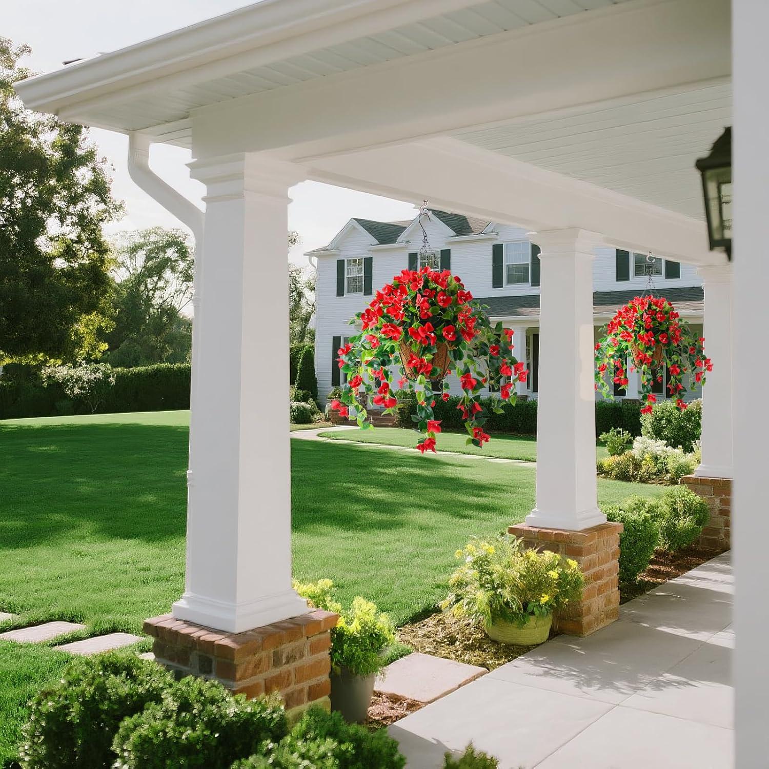 imageHomsunny Artificial Hanging Flowers Plants Basket for Outdoor Decoration4 PCS Faux Silk Bougainvillea Vine Flowers Look Real UV Resistant for Outside Porch Patio Yard Garden Decor PurpleRed