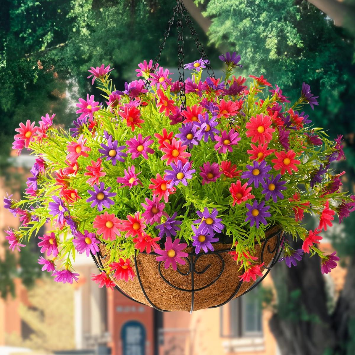 imageHomsunny Artificial Hanging Flowers for Outdoors Summer DecorationFaux Mums Silk ChrysanthemumHanging Planters in 12 inch Coconut Lining Basket for Home Outside Porch Decor