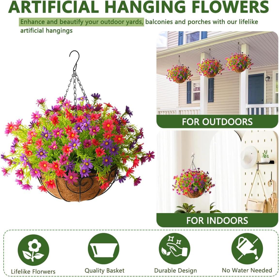 imageHomsunny Artificial Hanging Flowers for Outdoors Summer DecorationFaux Mums Silk ChrysanthemumHanging Planters in 12 inch Coconut Lining Basket for Home Outside Porch Decor
