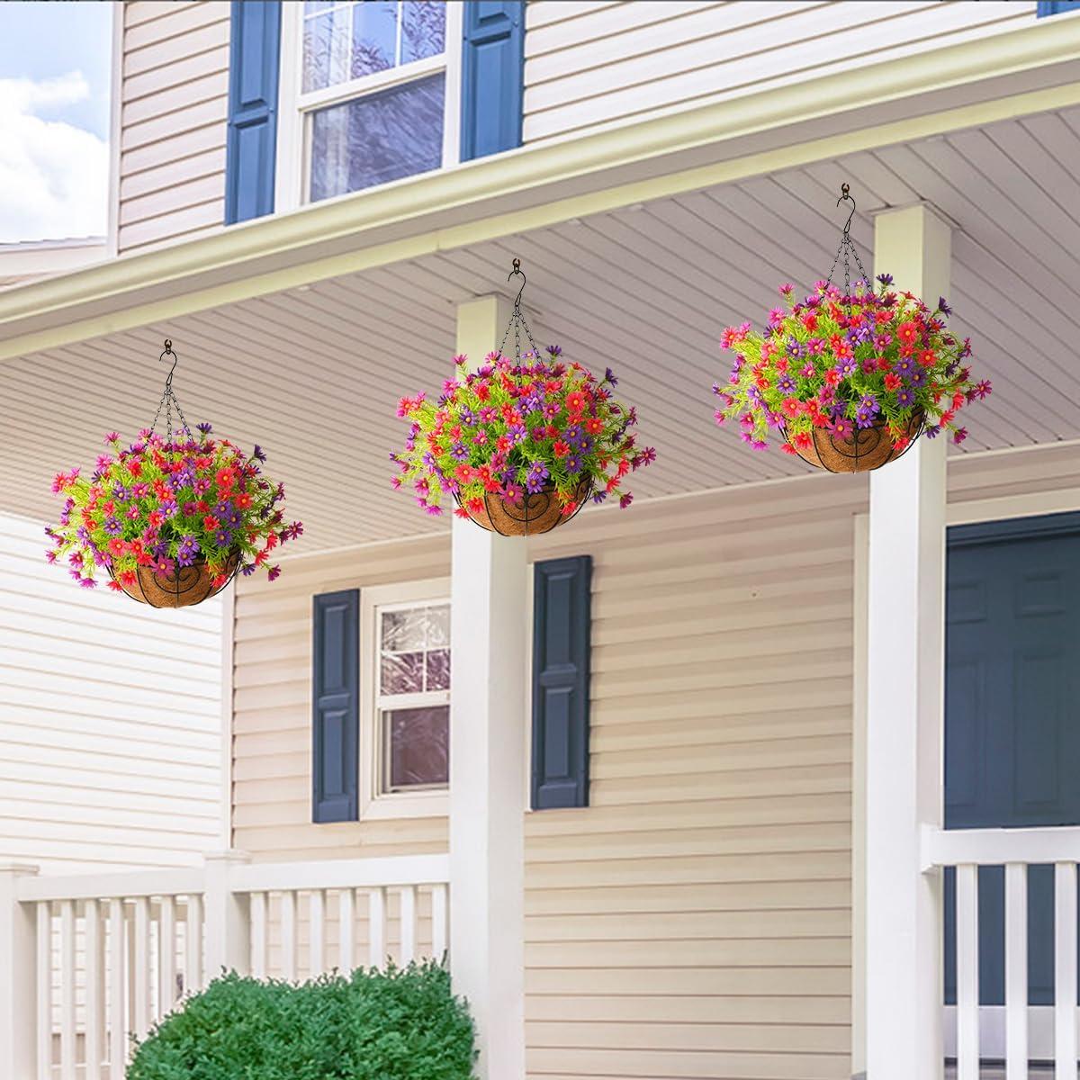 imageHomsunny Artificial Hanging Flowers for Outdoors Summer DecorationFaux Mums Silk ChrysanthemumHanging Planters in 12 inch Coconut Lining Basket for Home Outside Porch Decor