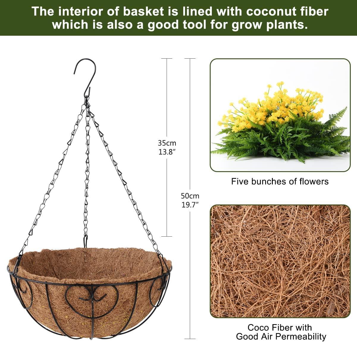 imageHomsunny Artificial Hanging Flowers in Basket Outdoor Indoor Patio Lawn Garden Decor UV Resistant Rose Eucalyptus Plants with 12inch Coconut Lining Chain FlowerpotYellow