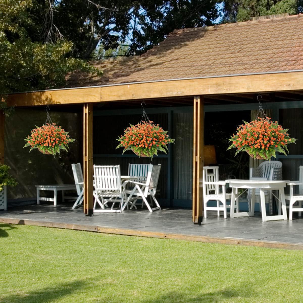 imageHomsunny Artificial Hanging Flowers in Basket Outdoor Indoor Patio Lawn Garden Decor UV Resistant Rose Eucalyptus Plants with 12inch Coconut Lining Chain FlowerpotRed