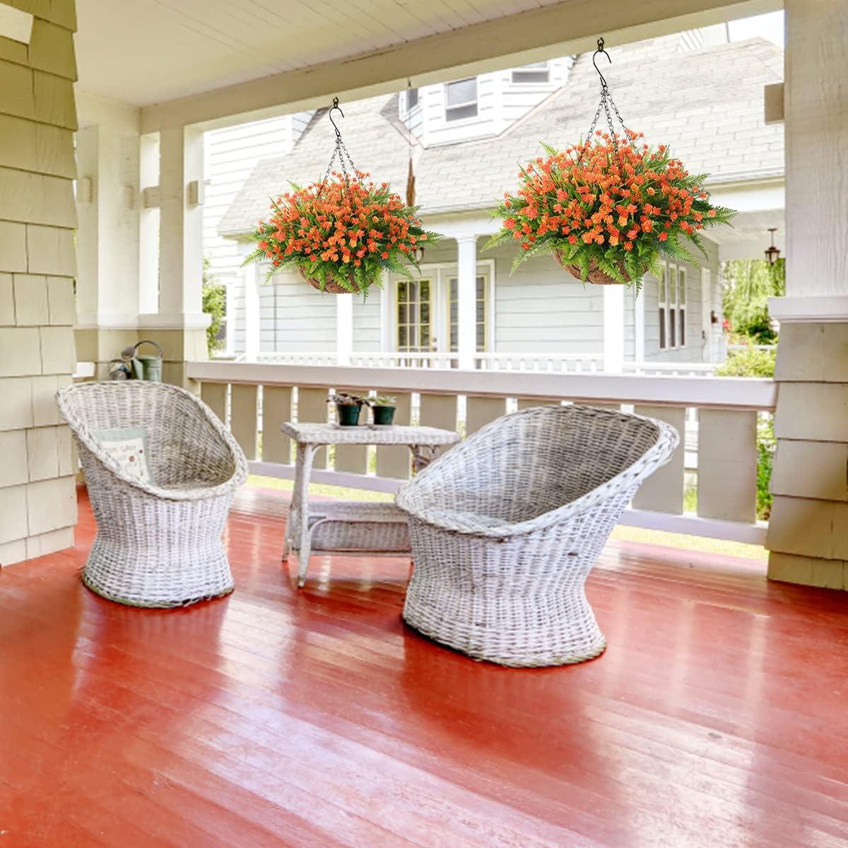 imageHomsunny Artificial Hanging Flowers in Basket Outdoor Indoor Patio Lawn Garden Decor UV Resistant Rose Eucalyptus Plants with 12inch Coconut Lining Chain FlowerpotRed