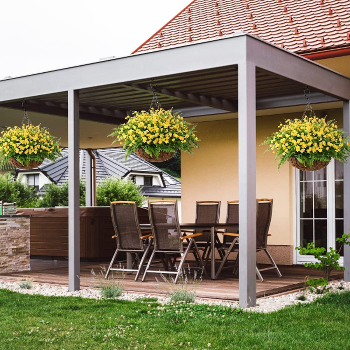 imageHomsunny Artificial Hanging Flowers in Basket Outdoor Indoor Patio Lawn Garden Decor UV Resistant Rose Eucalyptus Plants with 12inch Coconut Lining Chain FlowerpotYellow