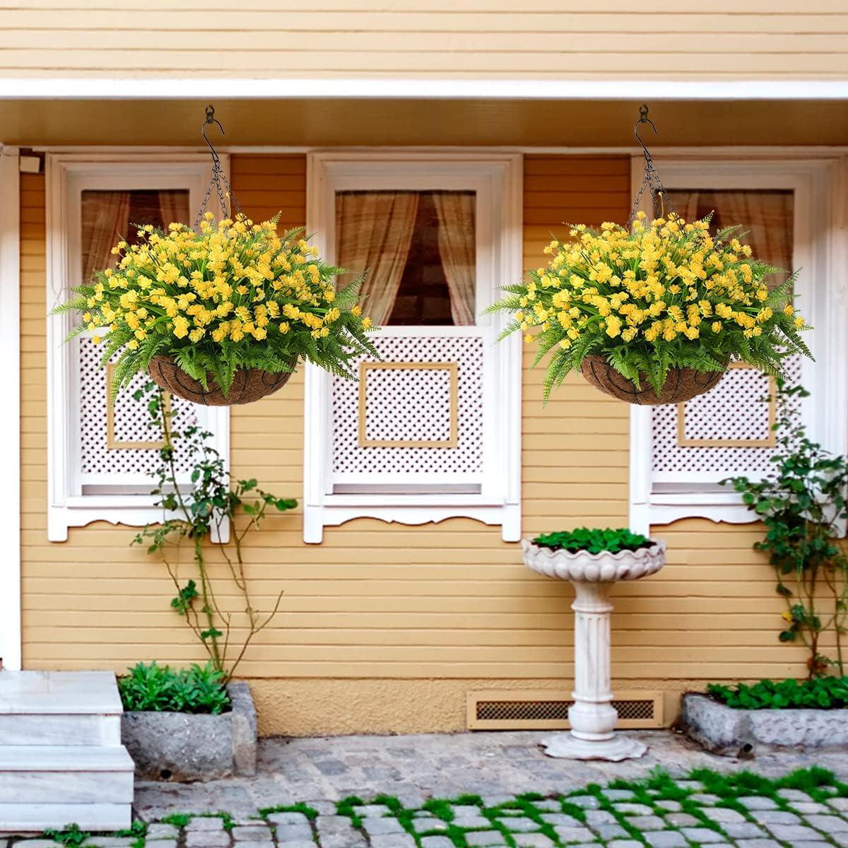 imageHomsunny Artificial Hanging Flowers in Basket Outdoor Indoor Patio Lawn Garden Decor UV Resistant Rose Eucalyptus Plants with 12inch Coconut Lining Chain FlowerpotYellow
