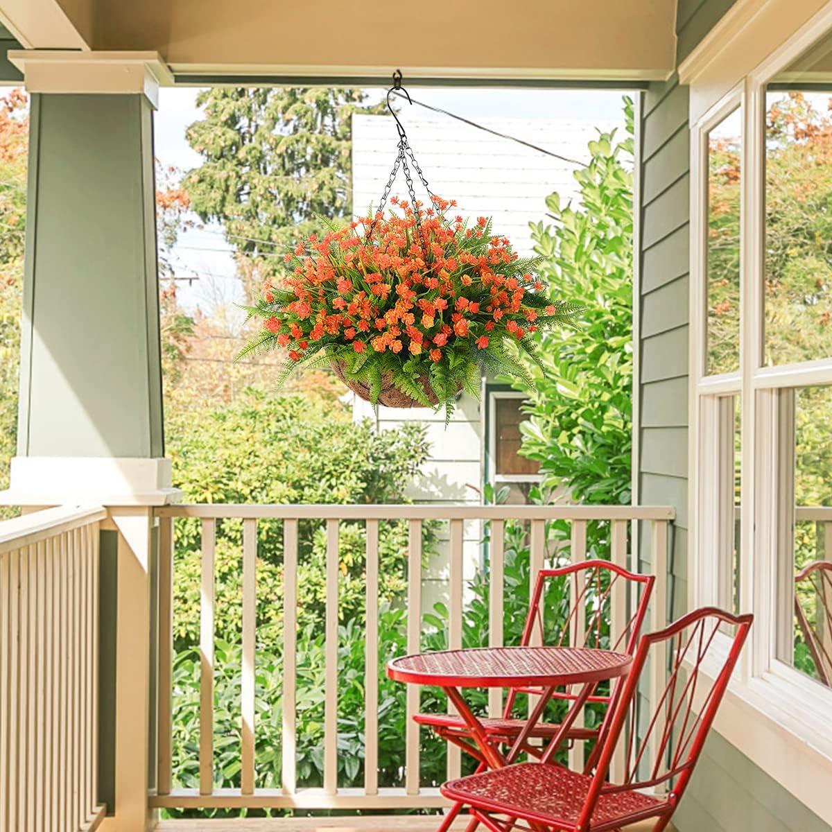 imageHomsunny Artificial Hanging Flowers in Basket Outdoor Indoor Patio Lawn Garden Decor UV Resistant Rose Eucalyptus Plants with 12inch Coconut Lining Chain FlowerpotRed