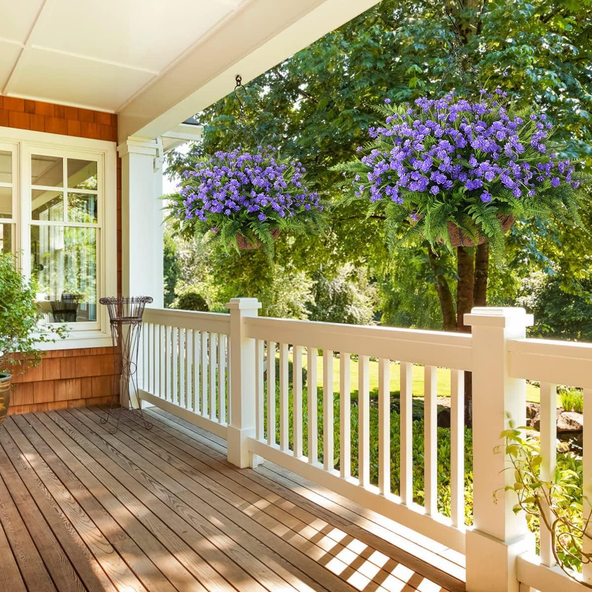 imageHomsunny Artificial Hanging Flowers in Basket Outdoor Indoor Patio Lawn Garden Decor UV Resistant Rose Eucalyptus Plants with 12inch Coconut Lining Chain FlowerpotPurple