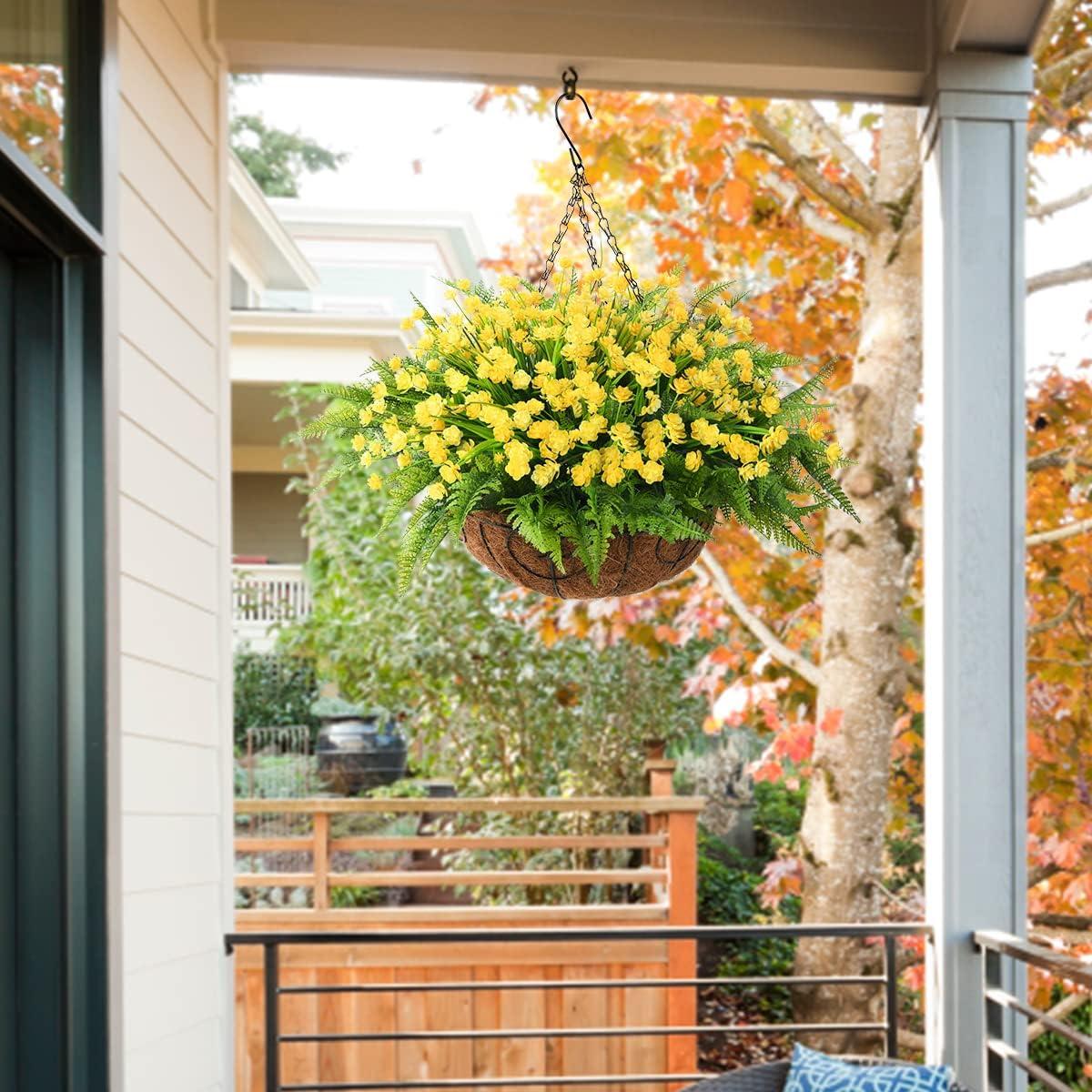 imageHomsunny Artificial Hanging Flowers in Basket Outdoor Indoor Patio Lawn Garden Decor UV Resistant Rose Eucalyptus Plants with 12inch Coconut Lining Chain FlowerpotYellow