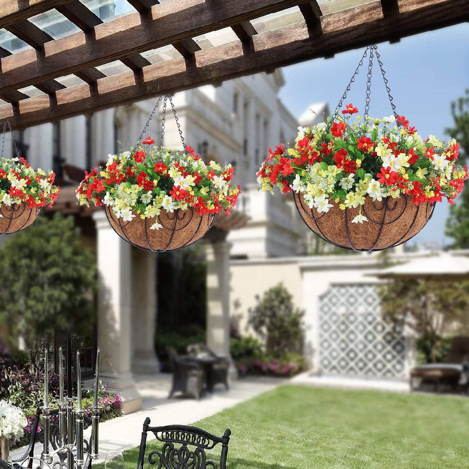 imageHomsunny Artificial Hanging Flowers in BasketFake Daisy Plants Arrangement12inch Coconut Lining Basket Hanging PlantOutdoor Indoor Patio Lawn Garden Porch Summer DecorWhite Light red