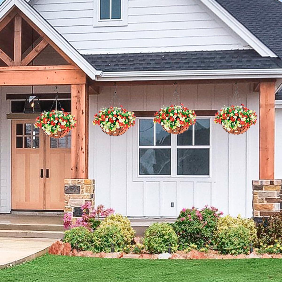 imageHomsunny Artificial Hanging Flowers in BasketFake Daisy Plants Arrangement12inch Coconut Lining Basket Hanging PlantOutdoor Indoor Patio Lawn Garden Porch Summer DecorWhite Light red