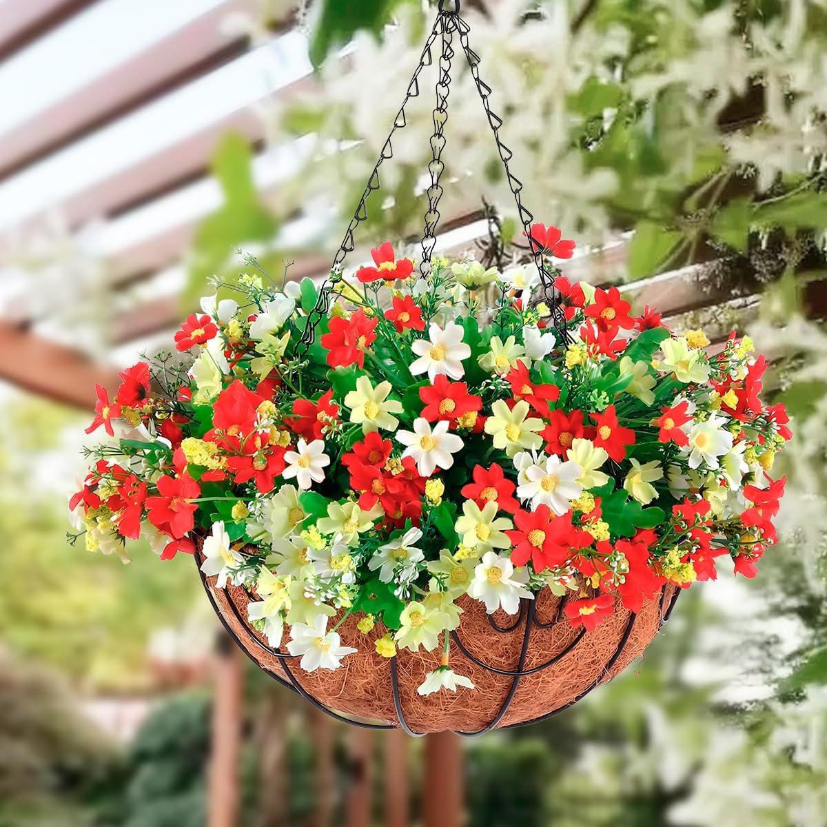 imageHomsunny Artificial Hanging Flowers in BasketFake Daisy Plants Arrangement12inch Coconut Lining Basket Hanging PlantOutdoor Indoor Patio Lawn Garden Porch Summer DecorWhite Light red