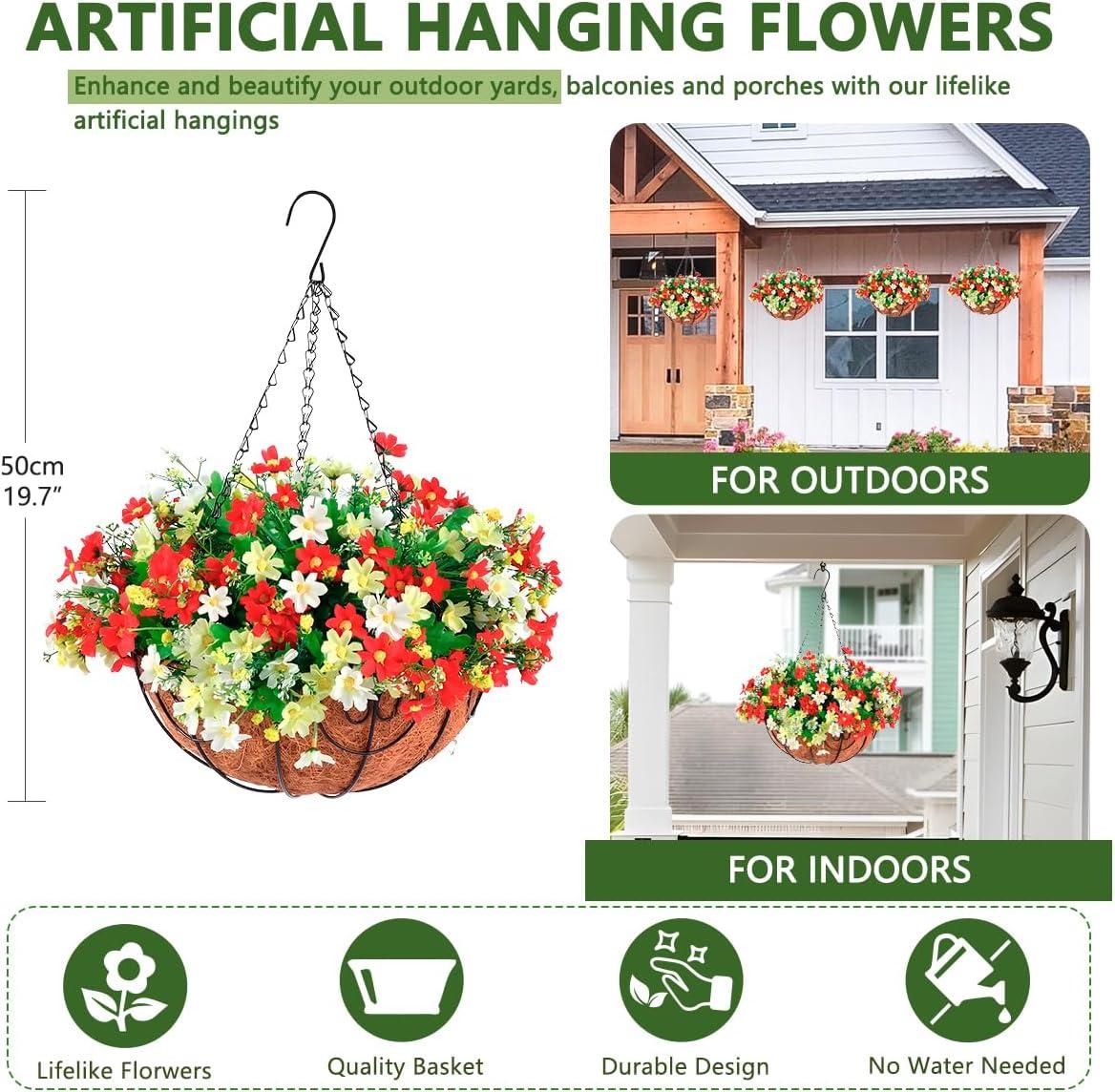 imageHomsunny Artificial Hanging Flowers in BasketFake Daisy Plants Arrangement12inch Coconut Lining Basket Hanging PlantOutdoor Indoor Patio Lawn Garden Porch Summer DecorWhite Light red