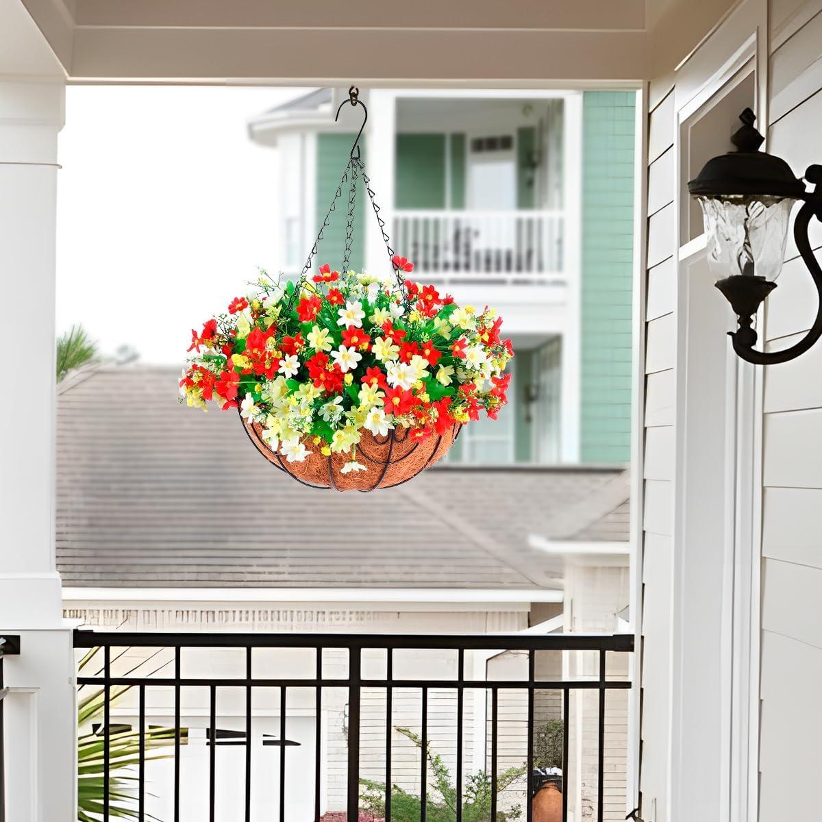 imageHomsunny Artificial Hanging Flowers in BasketFake Daisy Plants Arrangement12inch Coconut Lining Basket Hanging PlantOutdoor Indoor Patio Lawn Garden Porch Summer DecorWhite Light red
