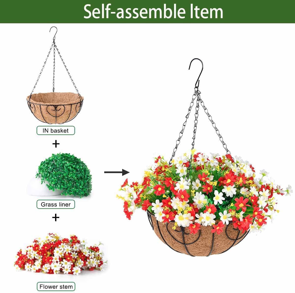 imageHomsunny Artificial Hanging Flowers in BasketFake Daisy Plants Arrangement12inch Coconut Lining Basket Hanging PlantOutdoor Indoor Patio Lawn Garden Porch Summer DecorWhite Light red