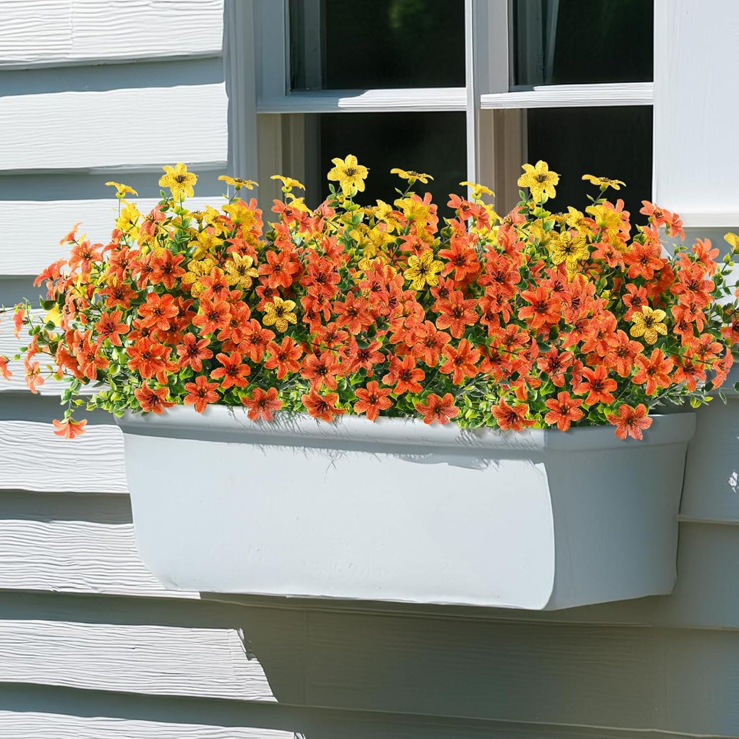 imageHomsunny Artificial Mums Fake Flowers for Outdoors Decoration 12 Bundles Faux Silk Daisy Plants UV Resistant for Outside Garden Front Door Porch Planter Patio Yard MixOrange Yellow Green