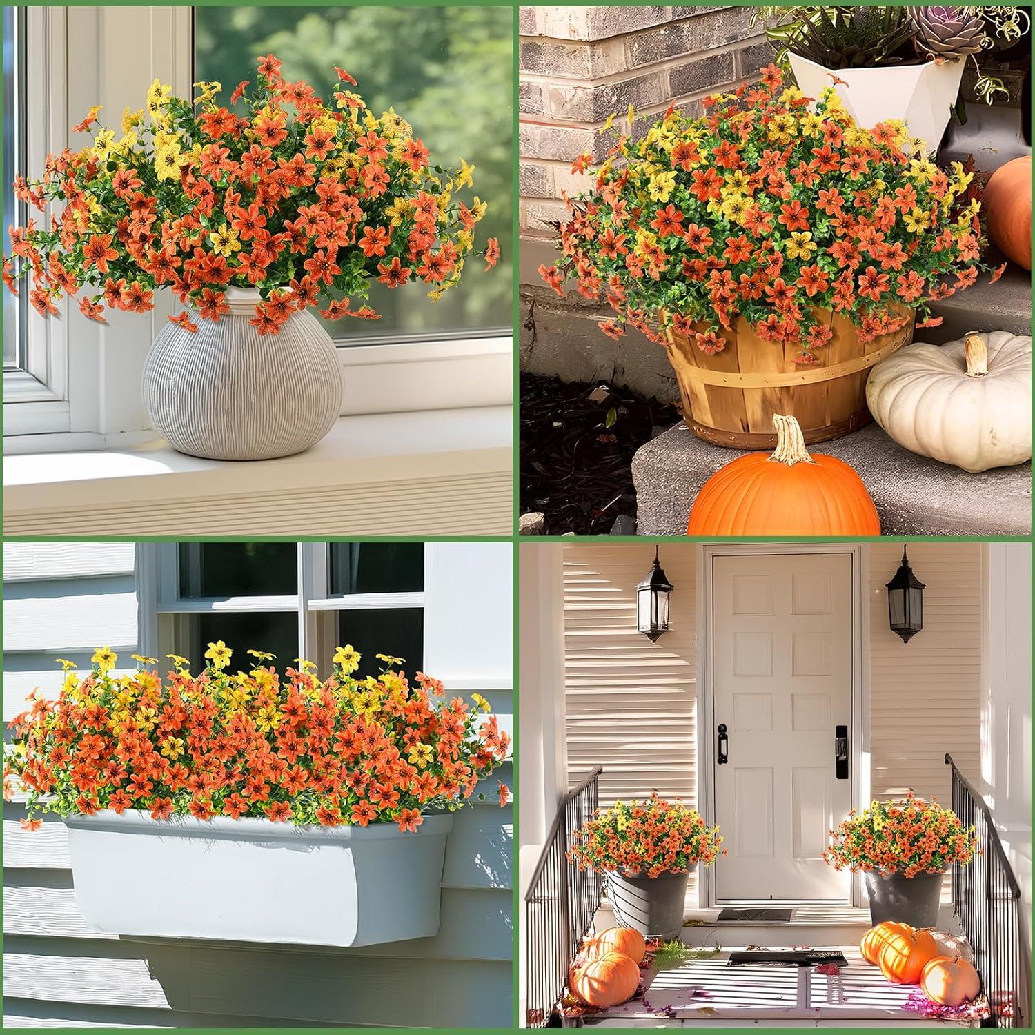 imageHomsunny Artificial Mums Fake Flowers for Outdoors Decoration 12 Bundles Faux Silk Daisy Plants UV Resistant for Outside Garden Front Door Porch Planter Patio Yard MixOrange Yellow Green