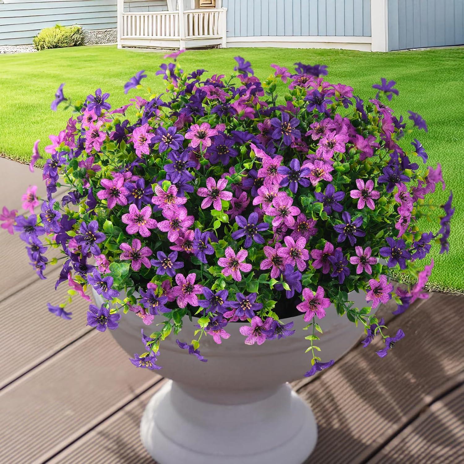 imageHomsunny Artificial Mums Fake Flowers for Outdoors Decoration 12 Bundles Faux Silk Daisy Plants UV Resistant for Outside Garden Front Door Porch Planter Patio Yard MixDouble Purple