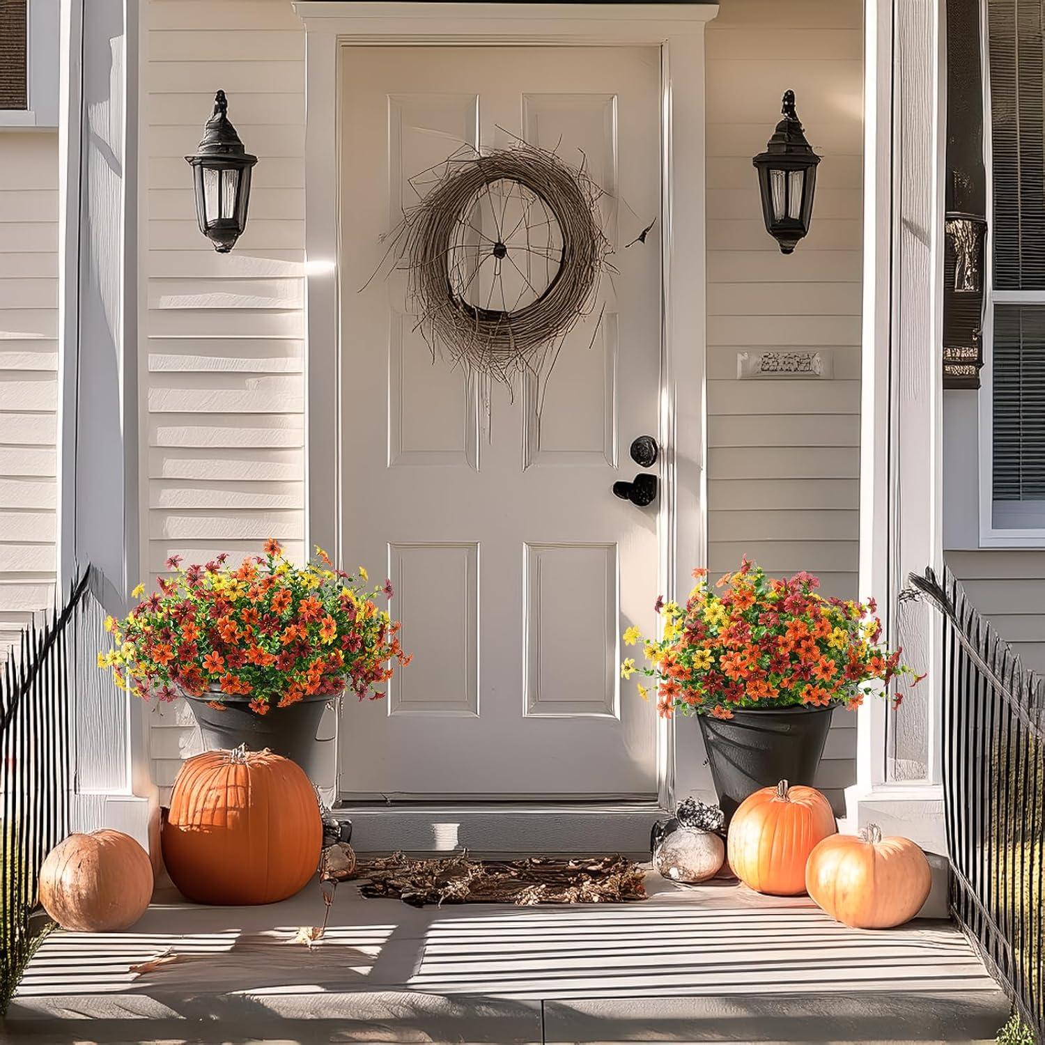 imageHomsunny Artificial Mums Fake Flowers for Outdoors Decoration 12 Bundles Faux Silk Daisy Plants UV Resistant for Outside Garden Front Door Porch Planter Patio Yard MixYellow Brown Orange a